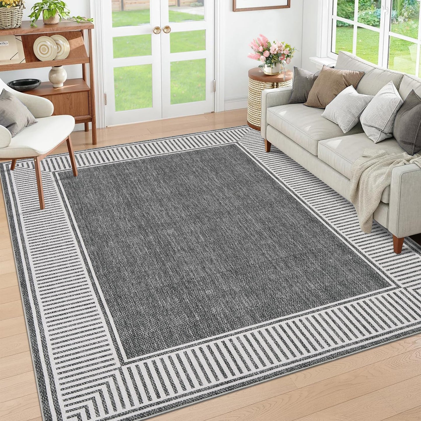 GarveeHome Washable Rug 5x7 for Bedroom Modern Bordered Area Rugs Contemporary Grey Floor Carpets Stain-Resistant Non-Slip Low Pile Throw Floor Cover Area Rug for Nursery Room Dining Room