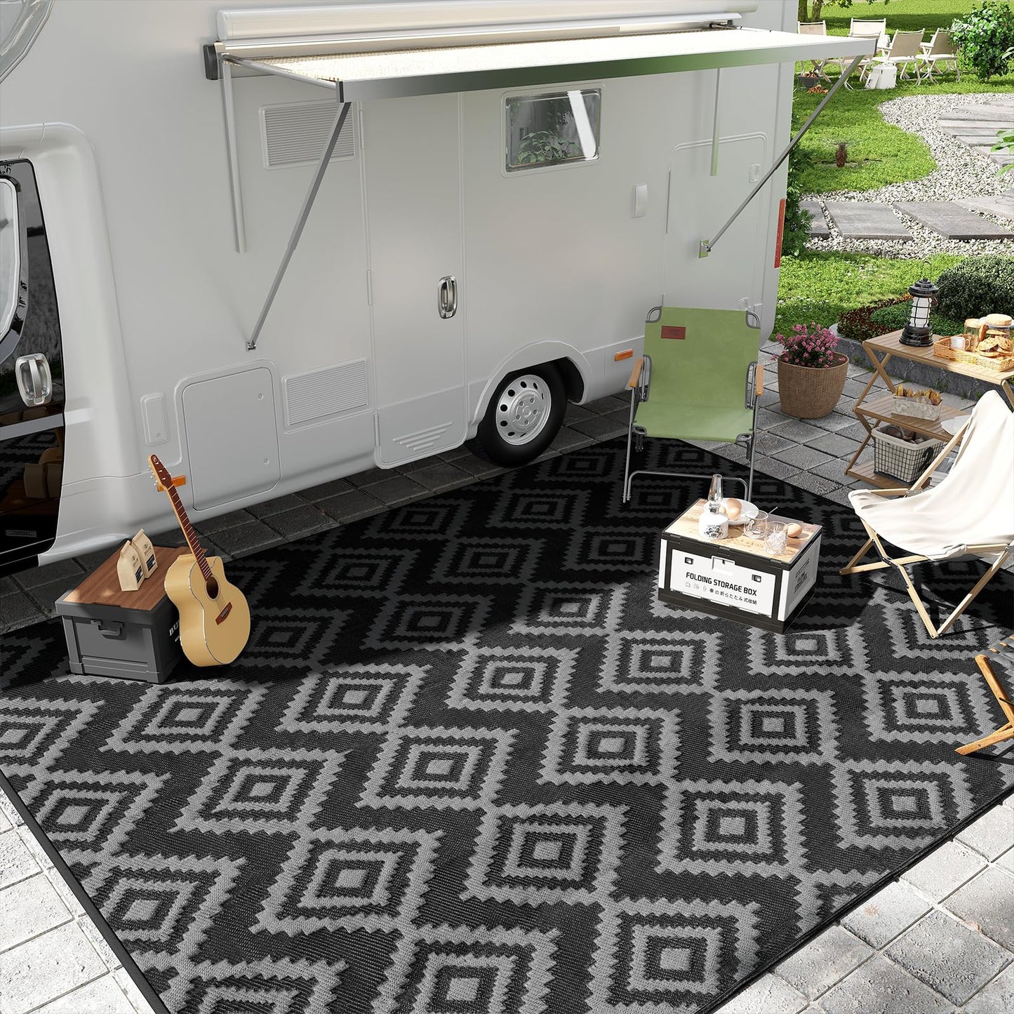 Outdoor Plastic Straw Rug - 8x10 ft Waterproof Patio Rug Clearance, Reversible Outdoor Carpet for RV, Camping, Deck, Balcony, Porch, Picnic, Backyard (Black & Grey)