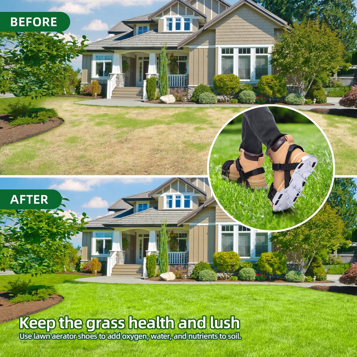 Ohuhu Metal Lawn Aerator Shoes, Upgraded Aerating Shoe with Durable Aluminum Sole, Free-Installation Spiked Aerating Sandals with Stainless Steel Shovel, One-Size-Fits-All for Yard Patio Garden Grass