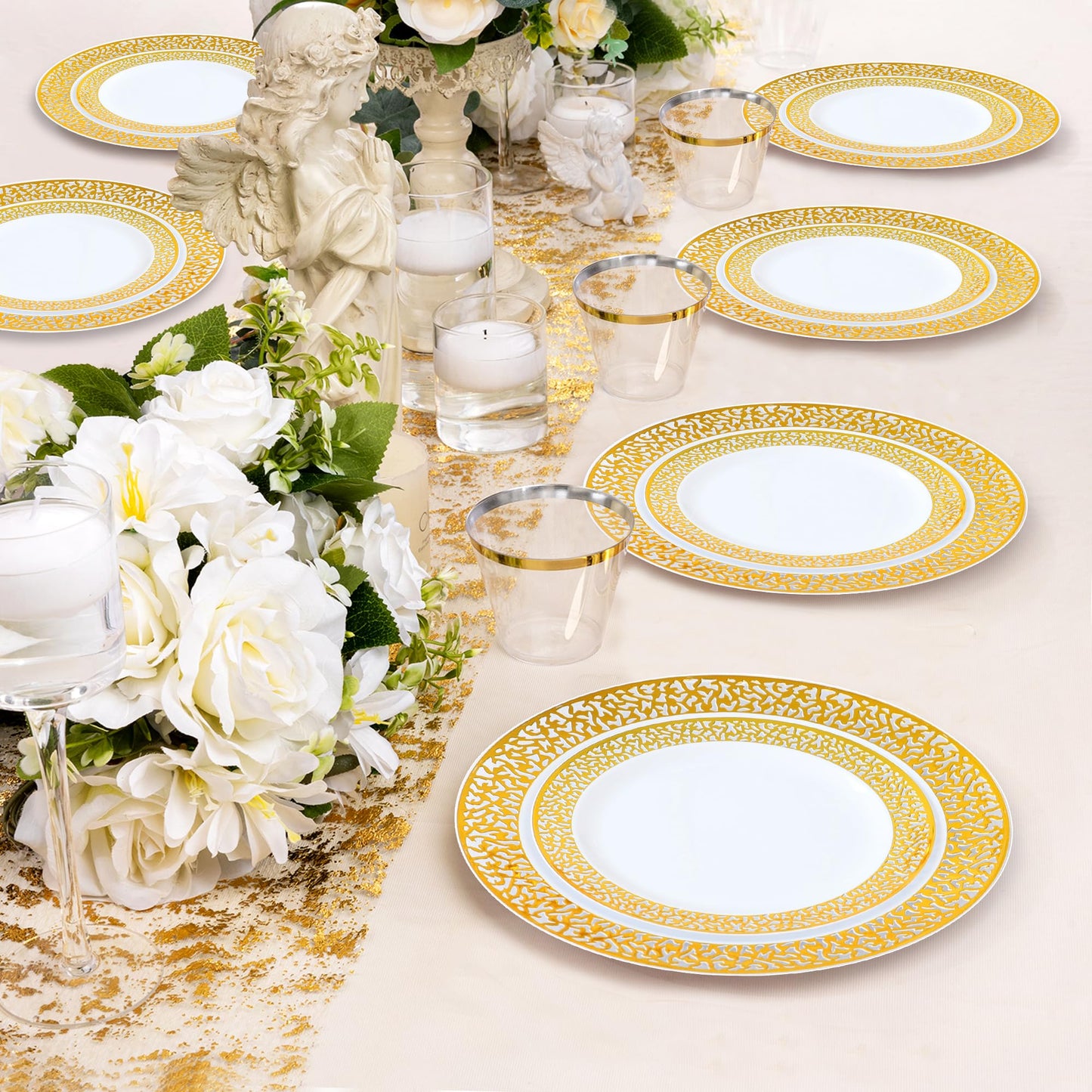100 Pieces Disposable Party Gold Plastic Lace Plates, 50 Heavy Duty Gold Dinner 10.25 Inch and 50 Disposable Dessert Appetizer Elegant Fancy Wedding 7.5 Inch Plates