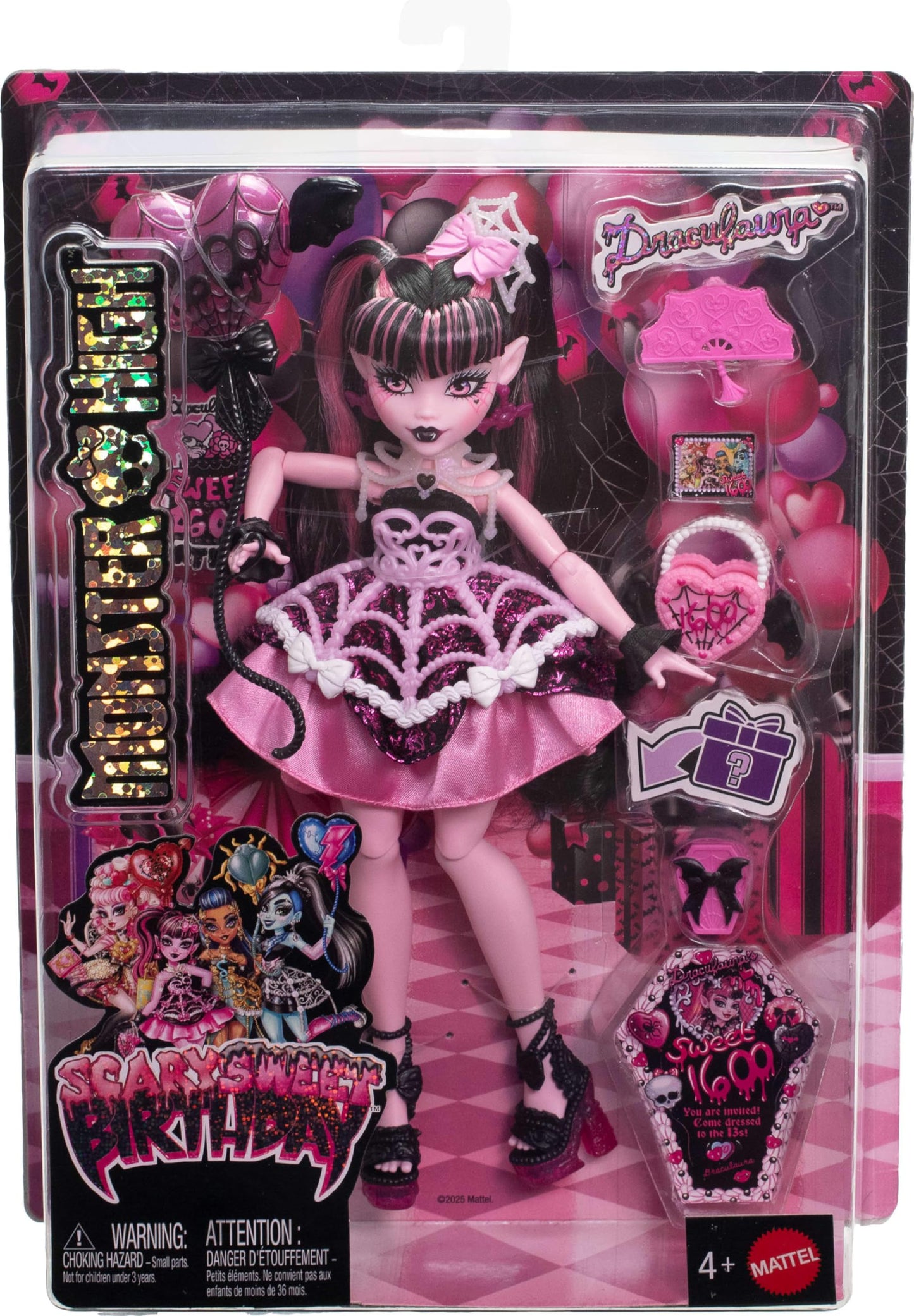 Monster High Scary Sweet Birthday Doll, Draculaura in Pink Party Dress with Themed Accessories Like Invite, Balloon, Gift, Fan and More