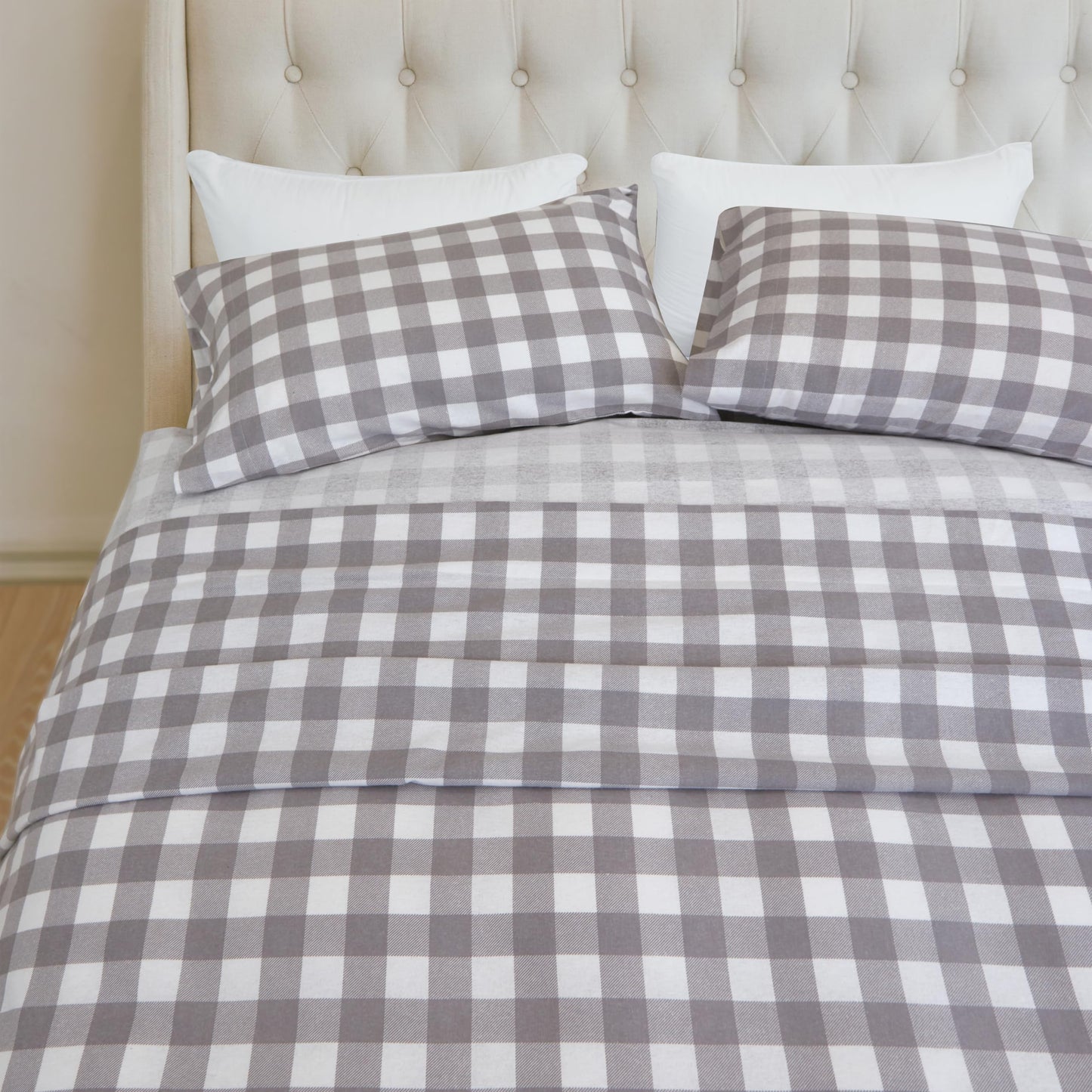 Elegant Comfort Soft 4-Piece 100% Turkish Cotton Flannel Sheet Set - Premium Quality, Deep Pocket Fitted Sheet, Ultra Soft, Cozy Warm Flannel Sheets - King, Buffalo Check Gray