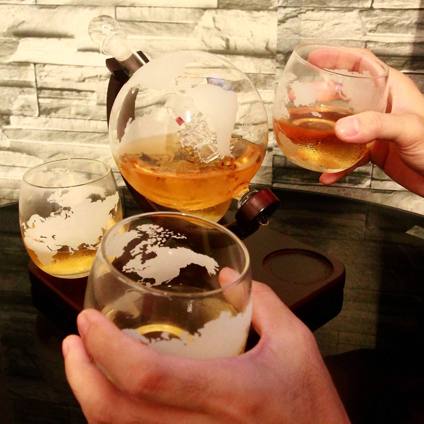 Krown Kitchen - Globe Decanter Gift Set. Includes Wood Base, 4 Glasses, 4 Coasters, Shot Glass, and Funnel.