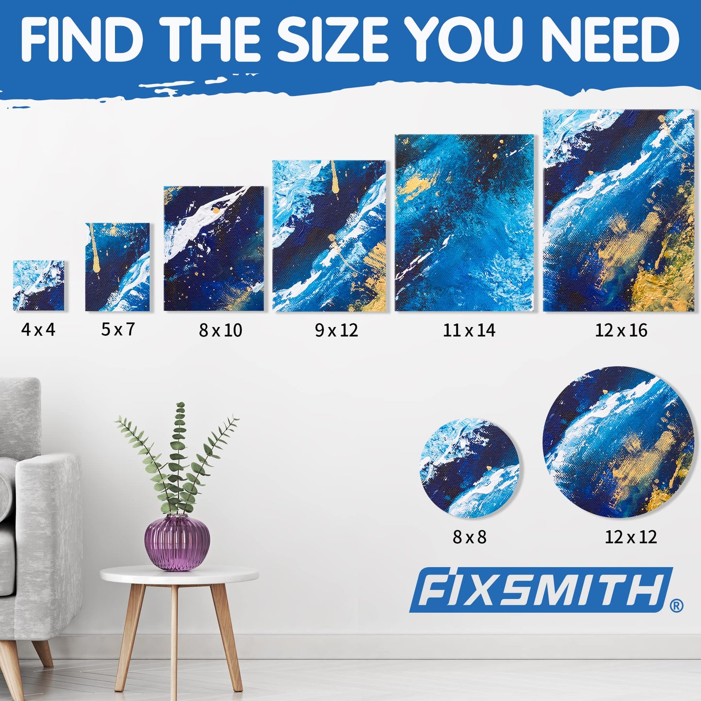 FIXSMITH 24 Pack Canvas for Painting, Multi Pack - 4x4", 5x7", 8x10", 9x12", 11x14", 12x16", Round Canvas 12x12", 8x8" (3 of Each), 100% Cotton, Primed Canvases for Acrylic, Oil, Wet or Dry Art Media