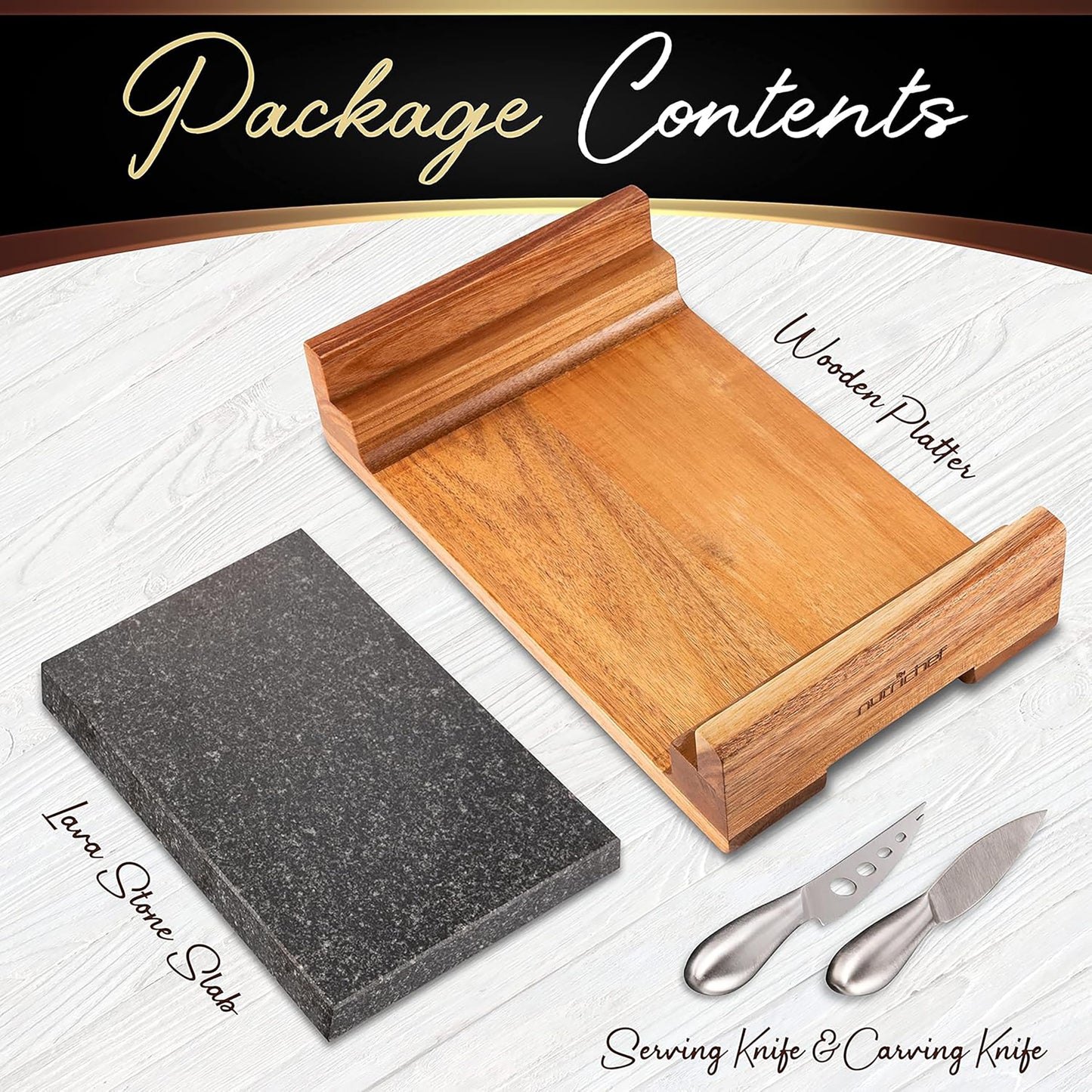 Nutrichef Hot Stone Steak Serving Set – Natural Granite Cooking Stone with Wooden Tray, Keeps Food Hot Longer, Restaurant-Style Steak, Seafood & Appetizer Platter