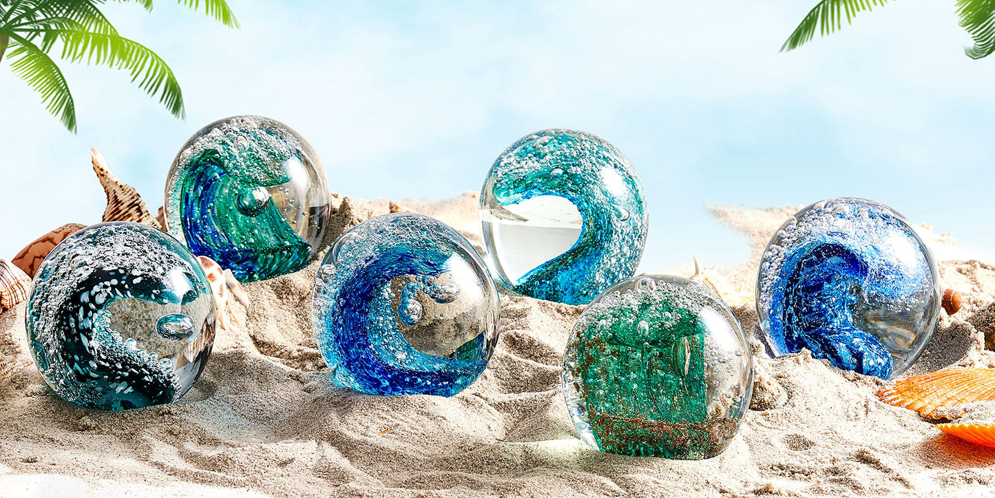 Hand Blown Glass Figurines Ball Ocean Waves,Office Paperweight Glass for Desk,Home Decor Collectible,Aquarium Decor,Office Decor Ocean Lovers