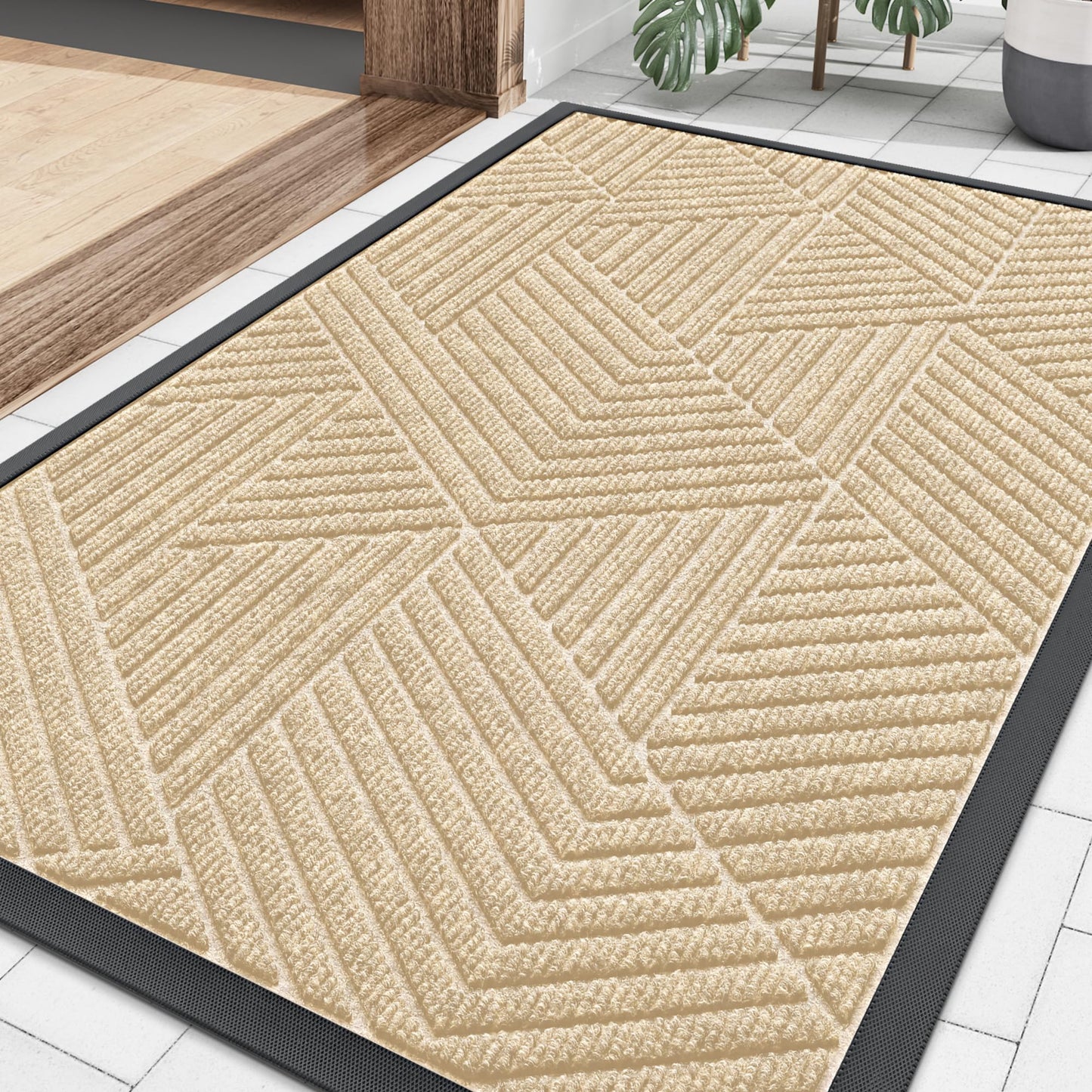 Smiry Front Door Mat Outside Entrance, Heavy Duty Sturdy Natural Rubber Doormat, Trap Dirt and Moisture, Easy Clean Low Profile Mats for Indoor Outdoor Entry, Irregular Triangle (36x24, Beige)