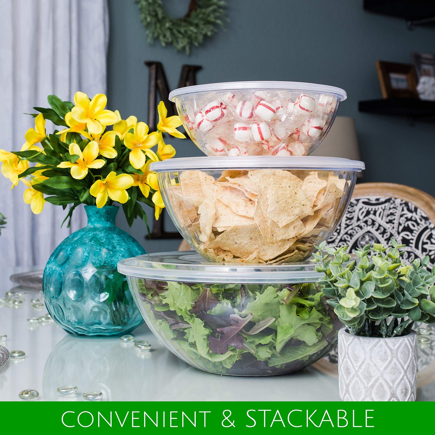 PLASTICPRO Disposable 150 Ounce Round Crystal Clear Plastic Serving Bowls, With Lids Party Snack or Salad Bowl, Chip Bowls, Snack Bowls, Candy Dish, Salad Container Pack of 4