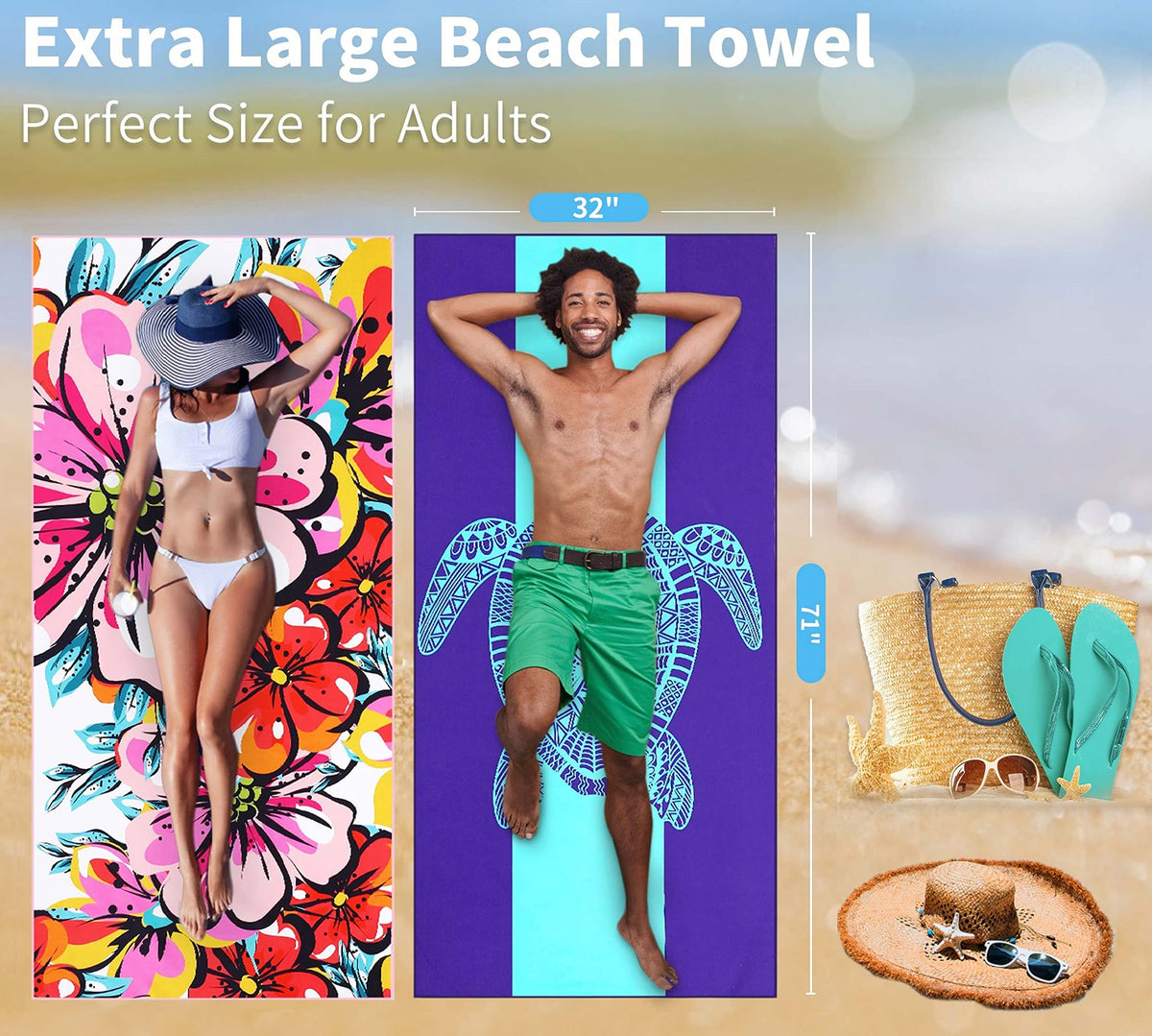 4 Pack Lightweight Thin Beach Towel Oversized 71"x32" Big Extra Large Microfiber Sand Free Towels for Adult Quick Dry Travel Camping Beach Accessories Vacation Gift Mandala Flower Blue Turtle Tie Dye
