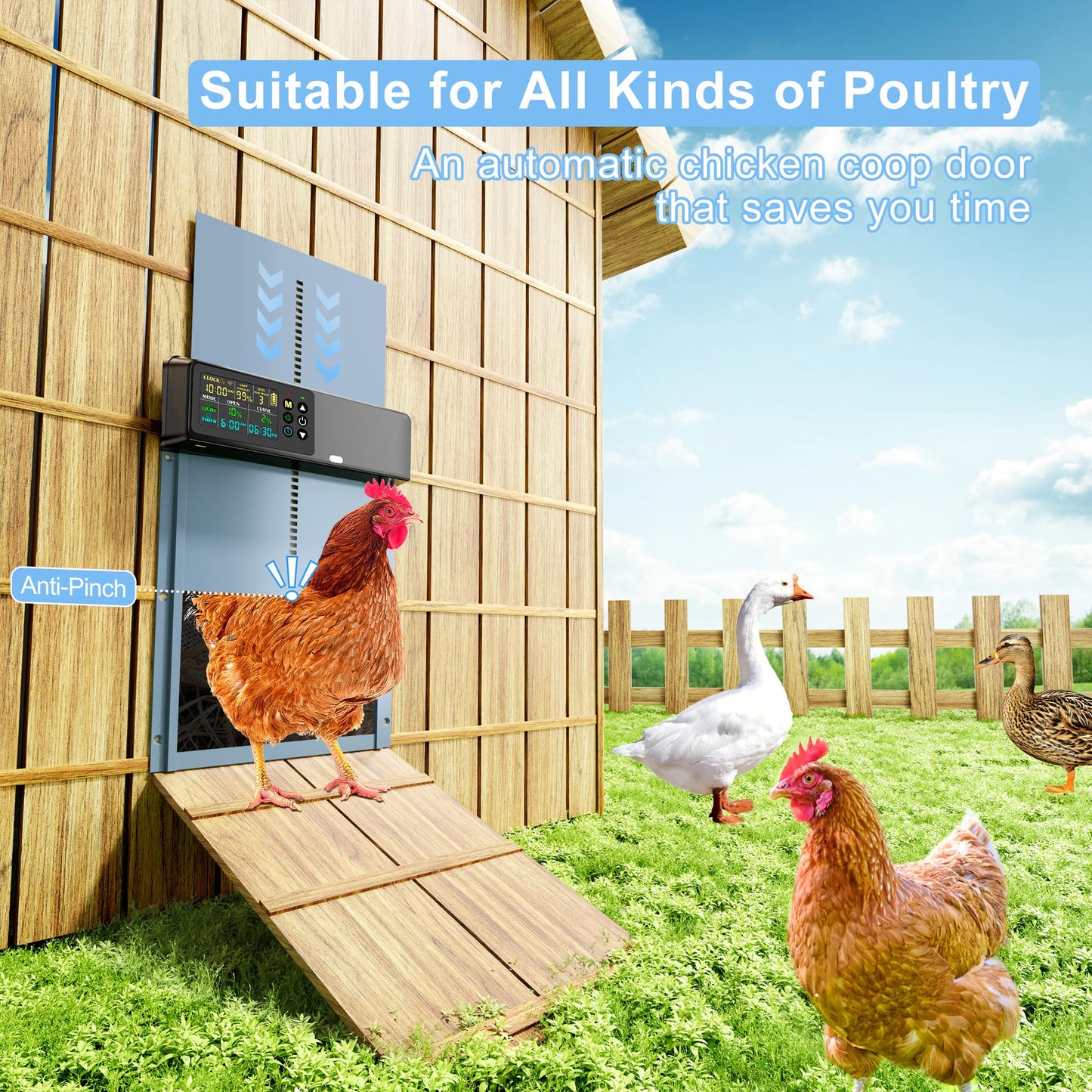 Tiflev Automatic Chicken Coop Door Solar Powered with Programmable Remote, 4 Modes Combo Light and Timer Aluminum Chicken Door with LCD Color Display