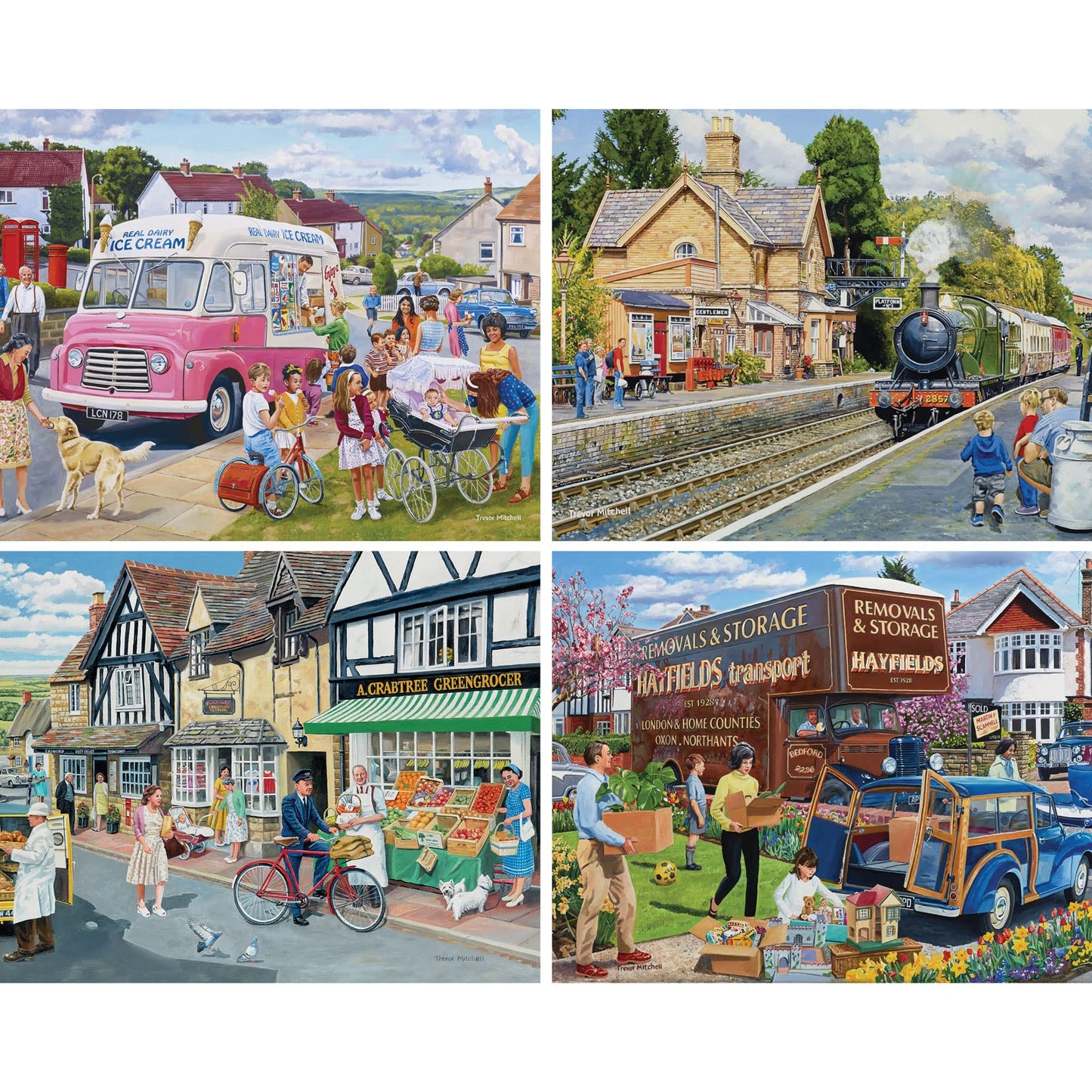Bits and Pieces - 4-in-1 Multi-Pack 1000 Piece Jigsaw Puzzles for Adults - 1000 pc Village Memories Puzzle Set Bundle by Trevor Mitchell - 20" x 27" (51cm x 69cm)