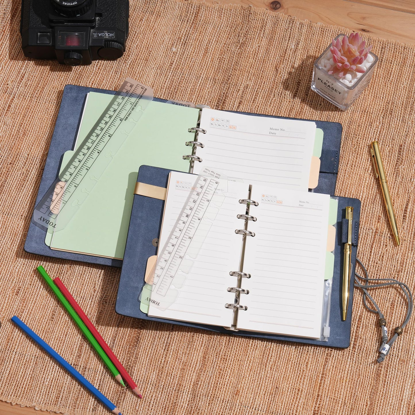 Wonderpool Leather Journal Lined Paper Notebook & Pen - Refillable 6 Ring Binder Writing Spiral Diary with Ruled Notepads Vintage Cover for Office Travel Work and Plan Agenda (a-Black, A5)