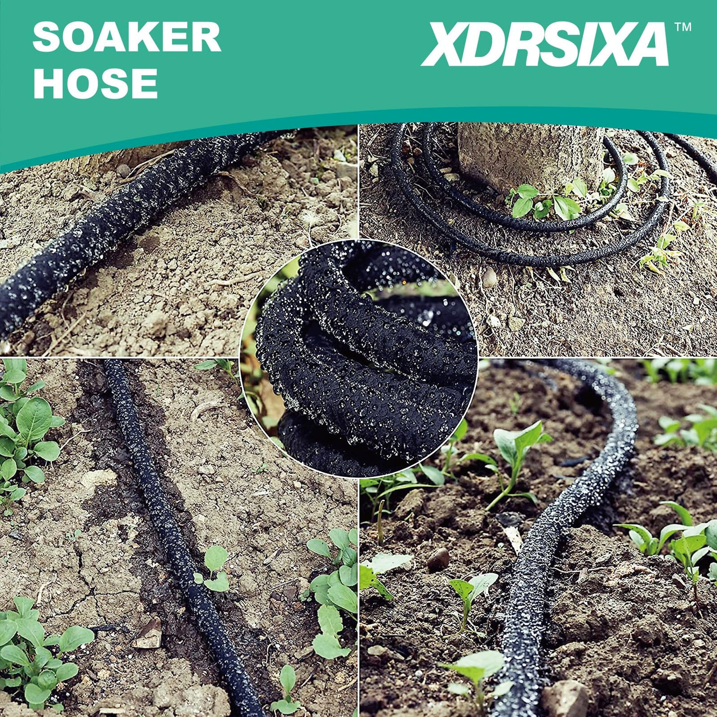 XDRSIXA Soaker Hose 100 FT For Garden Beds,Solid Brass Connector 1/2" Round Heavy Duty Garden Soaker Hose Kit Watering Hose With Holes For Vegetable/Fruit Beds, Shrubs, Lawn,Yard