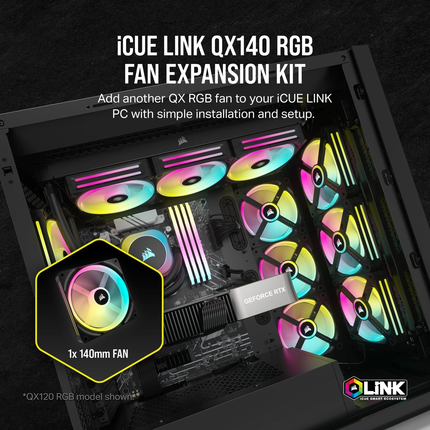 CORSAIR QX Series QX140 RGB 140mm Fan - iCUE Link Ecosystem - Magnetic Dome RGB PWM Single Fan - Up to 2400RPM - Black