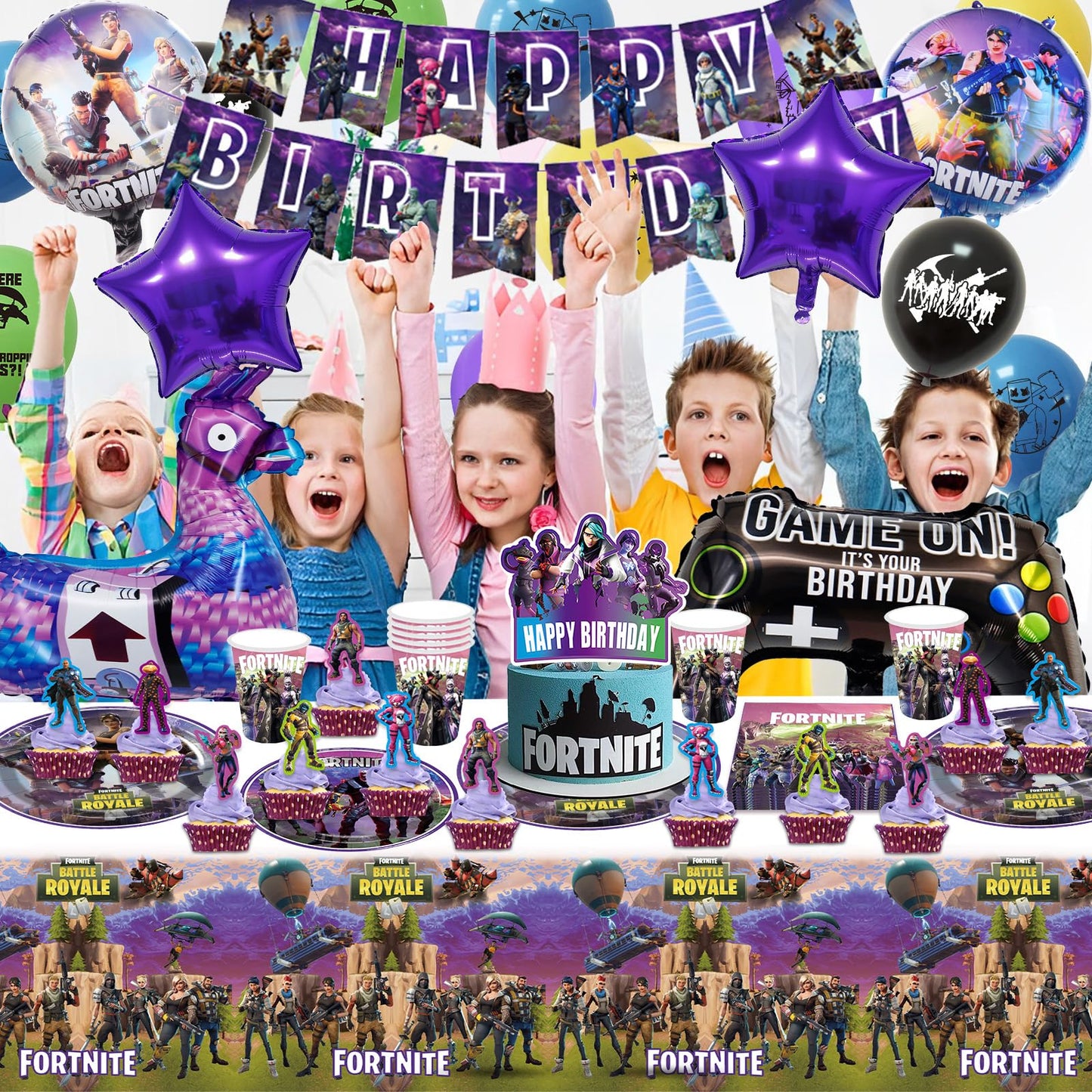 BL2 91PCS Party Birthday Decorations Boys-Game Party Tableware Set Foil Balloons Video Game Party Supplies Happy Birthday Banner Plates Napkins Cake Toppers Latex Balloons for Kids Gamers Lovers