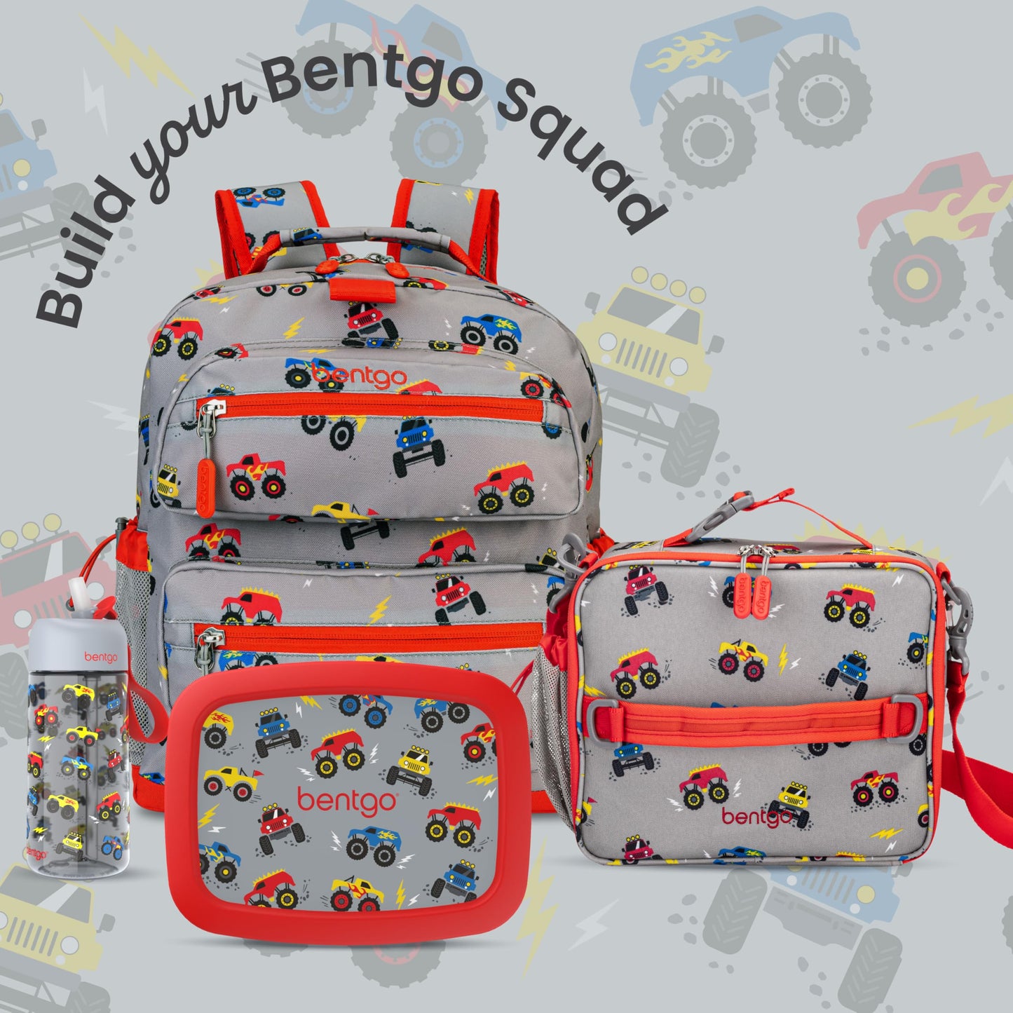 Bentgo Kids Lunch Bag - Double-Insulated, Reusable Lunch Bag for Kids 3+ with Adjustable Strap; Holds Lunch Box/Water Bottle/Snacks; Easy-Clean, Water-Resistant & Pockets (Trucks)