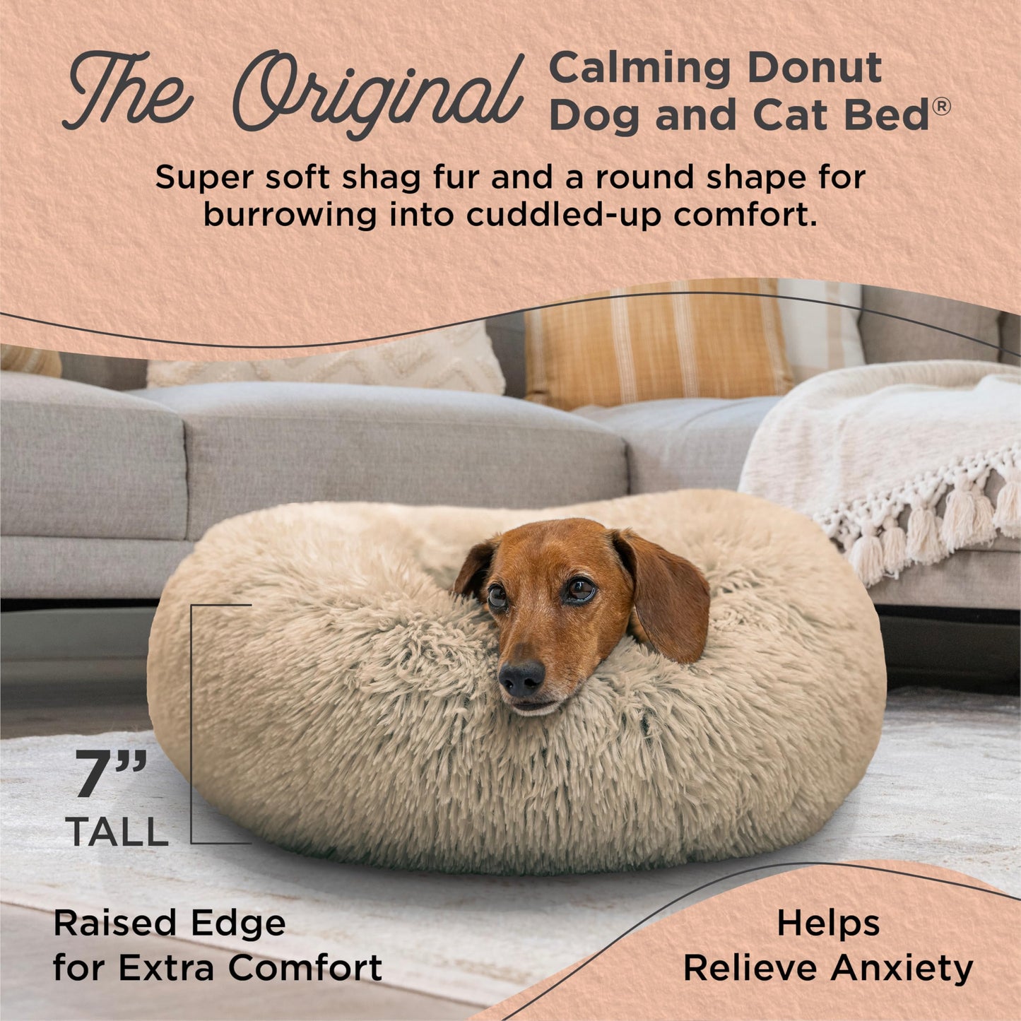 Best Friends by Sheri The Original Calming Donut Dog and Cat Bed in Shag Fur, Taupe, Small, 23x23