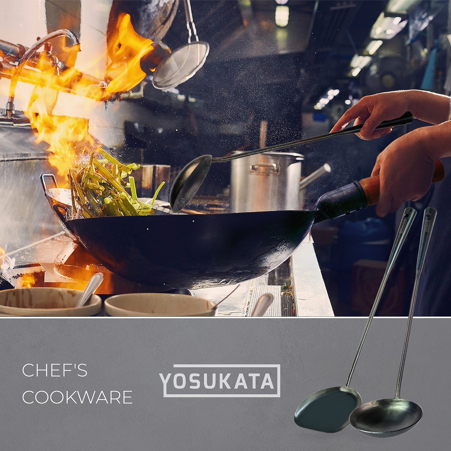 YOSUKATA Pre-Seasoned Wok Utensils Set - Blue Carbon Steel 17-inch Wok Spatula, Wok Ladle, 3 Pairs of Chopsticks - Durable Wok Accessories - Traditional Asian Cooking Tools - Wok Tools
