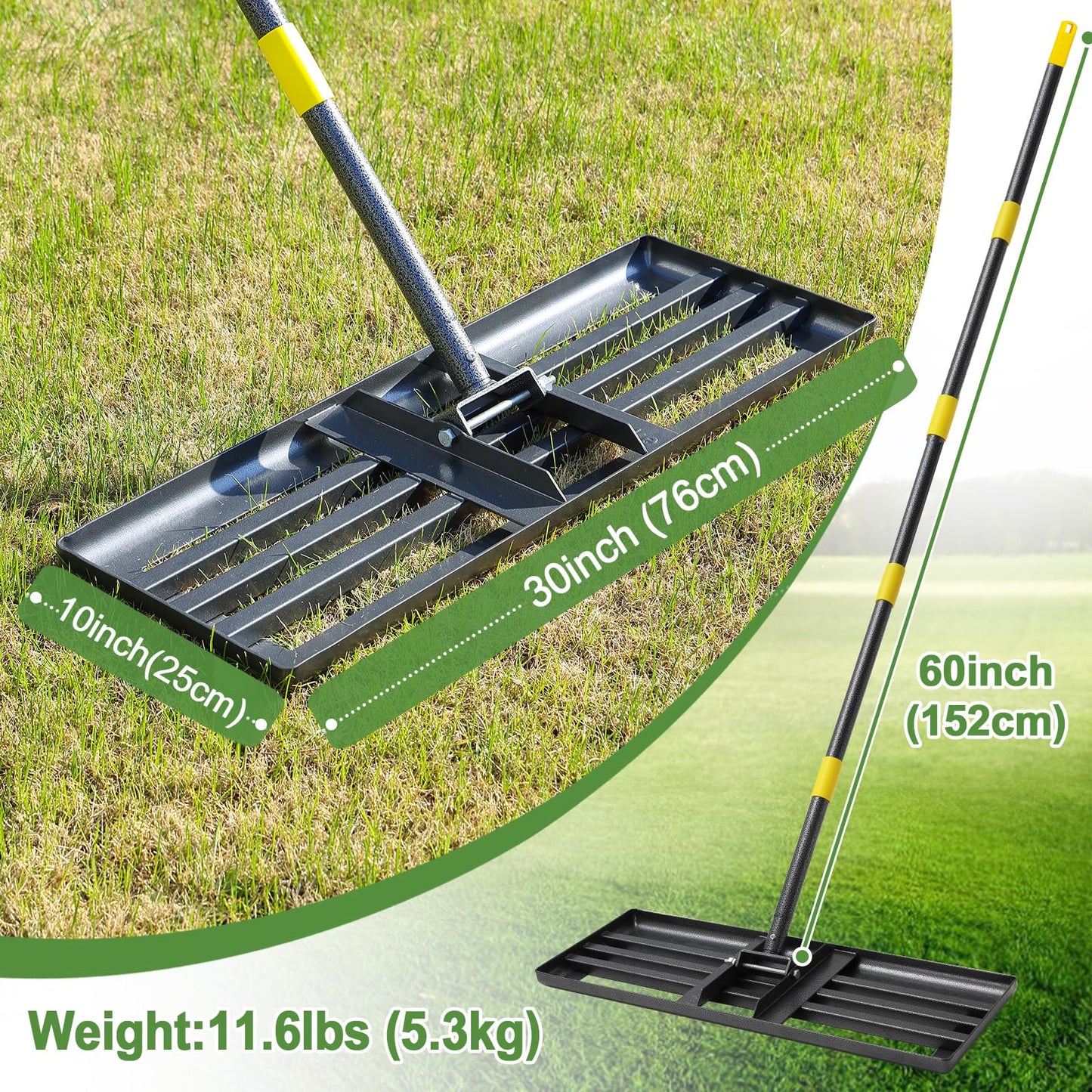 Lawn Leveling Rake, 30 Inch Heavy Duty Lawn Leveler with Adjustable Handle, Yard Soil Grass Dirt Leveling Rake Ground Level Tool (5FT)