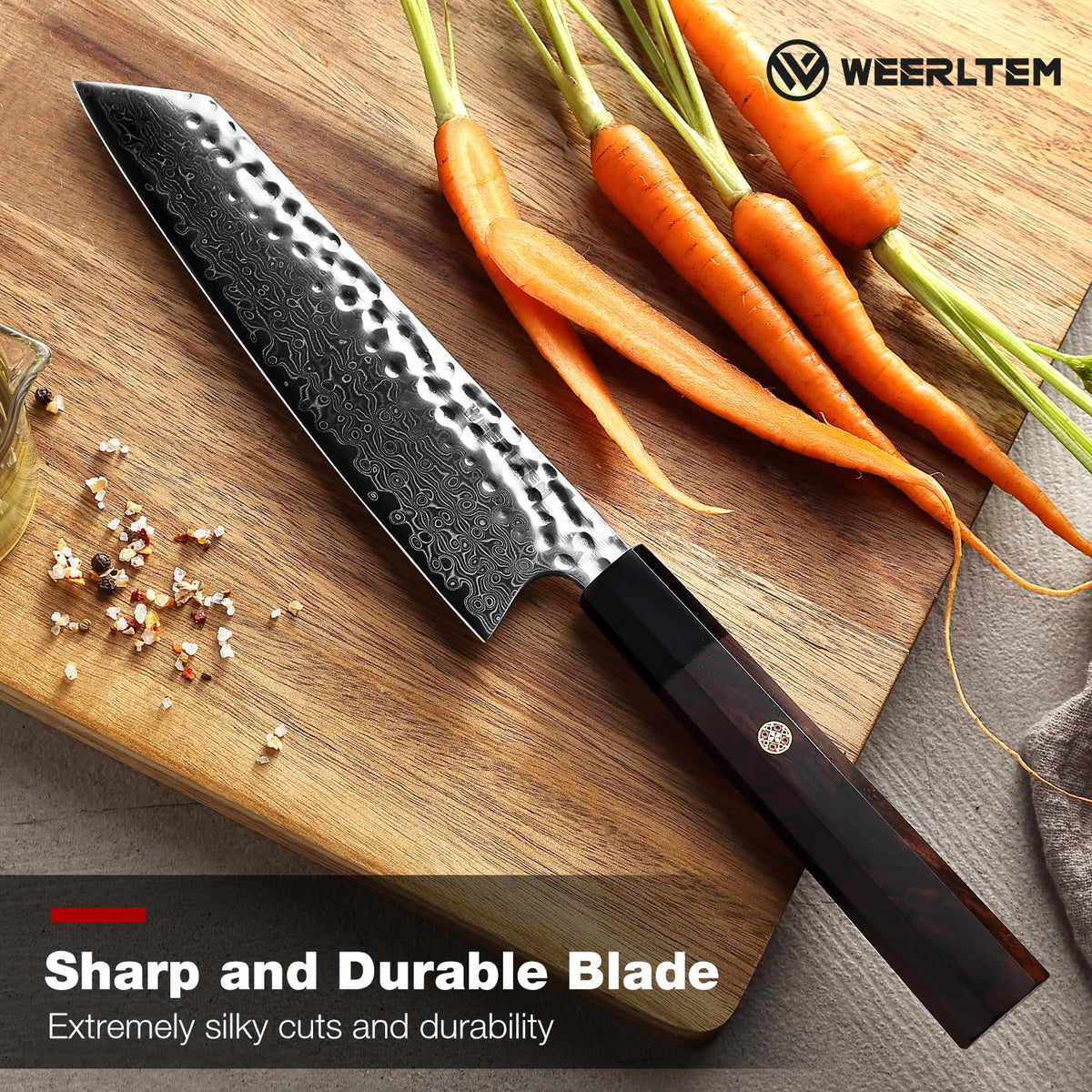 WEERLTEM Japanese Knife, 8 Inch Japanese Kiritsuke Chef Knife, Ultra Sharp Hand-Forged VG10 High Carbon Steel Japanese Damascus Kitchen Knife with Octagonal Ebony Handle & Gift Box