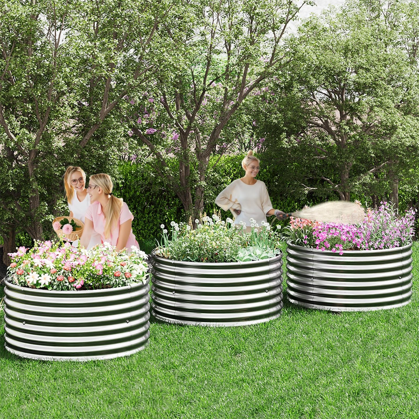 BTDVR 3 Pack Round Galvanized Metal Raised Garden Bed Outdoor, Metal Raised Beds for Gardening, Above Ground Garden Box for Flower, Steel Garden Bed for Vegetables - 2FT