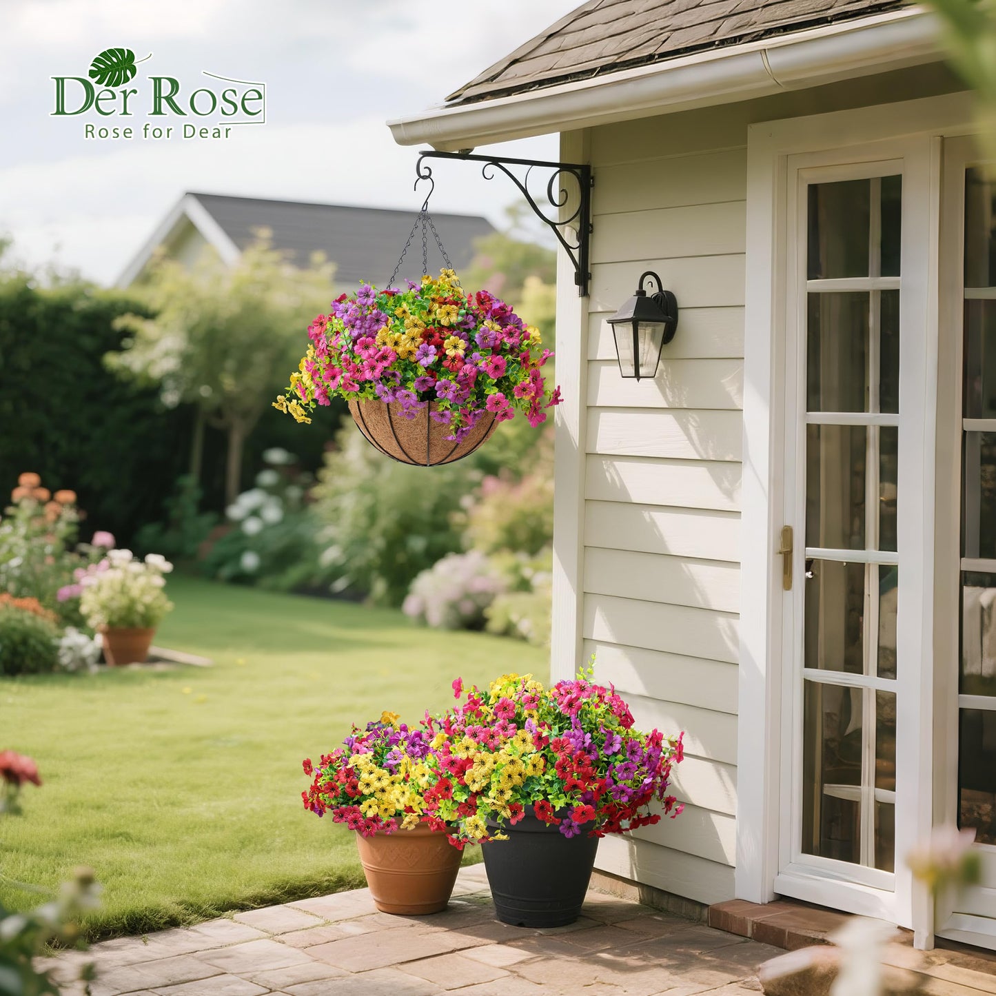 Der Rose Artificial Flowers for Outdoors Hanging Basket, Fake Flowers UV Resistant for Garden Front Porch Patio Balcony Decor