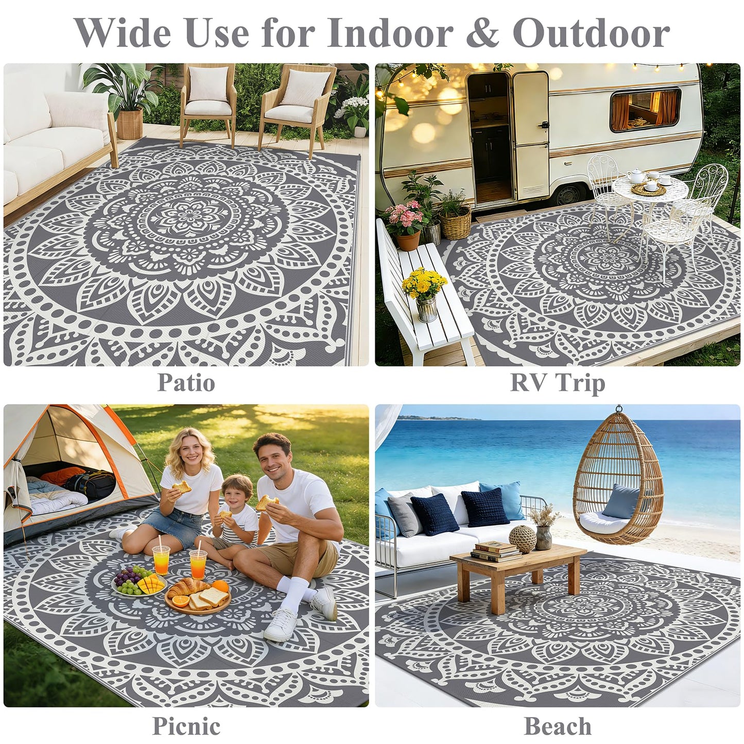 Bsmathom Waterproof Outdoor Rug 8'x10' Reversible Boho Plastic Straw Patio Deck Camping Rugs, Indoor Outdoor Portable RV Mat Clearance Carpet for Outside, Porch, Balcony, Backyard, Beach, Pool