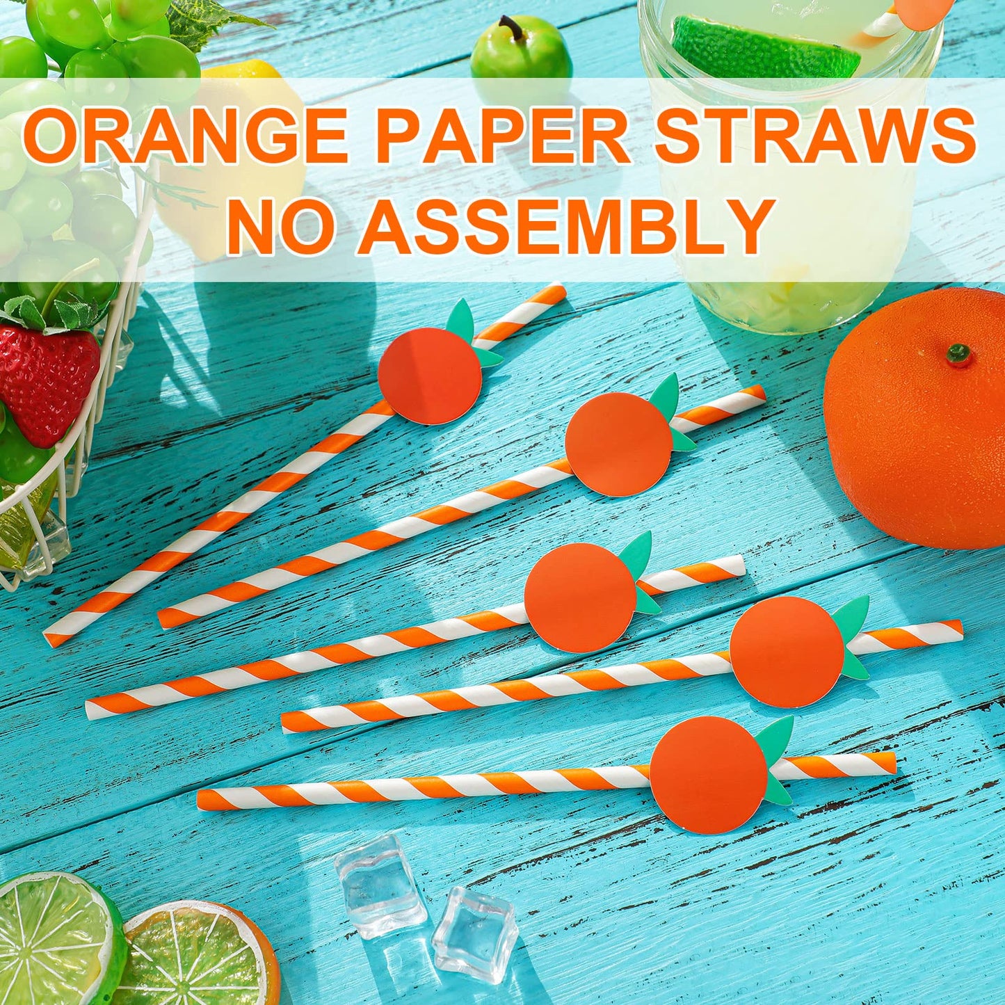 Vesici 100 Pcs Orange White Striped Paper Straws Cute Fruit Themed Disposable Drinking Straws for Baby Shower Birthday Carnival Summer Decoration Supplies Party 0.24 x 7.76 Inches