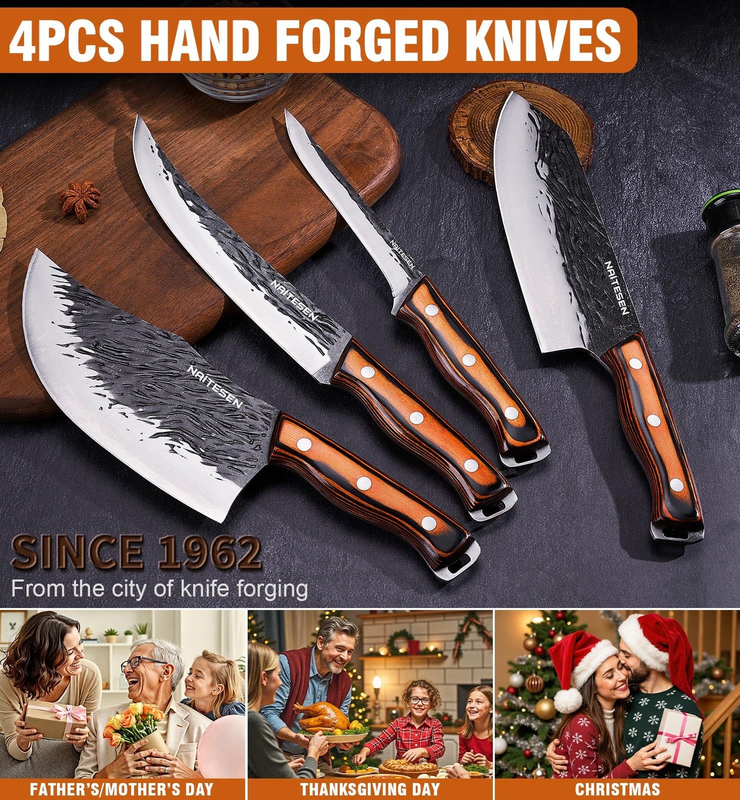 Naitesen 4PCS Hand Forged Butcher Knife Set, Heavy Duty Meat Cleaver Serbian Kitchen Chef Knife Breaking Knife Boning Knife for Meat Cutting Home Kitchen Cooking Camping BBQ