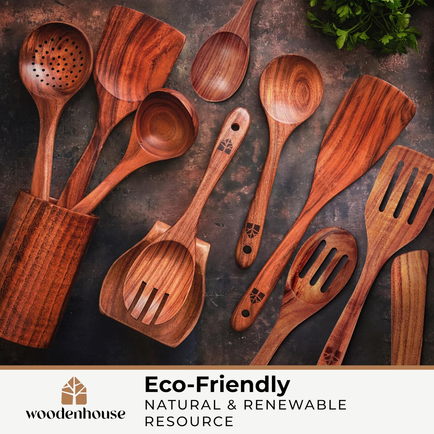 Wooden Spoons for Cooking – Wooden Cooking Utensils Set with Holder, Spoon Rest & Hooks, Teak Wood Nonstick Kitchen Cookware – Kitchen Utensil Set of 12pcs by Woodenhouse
