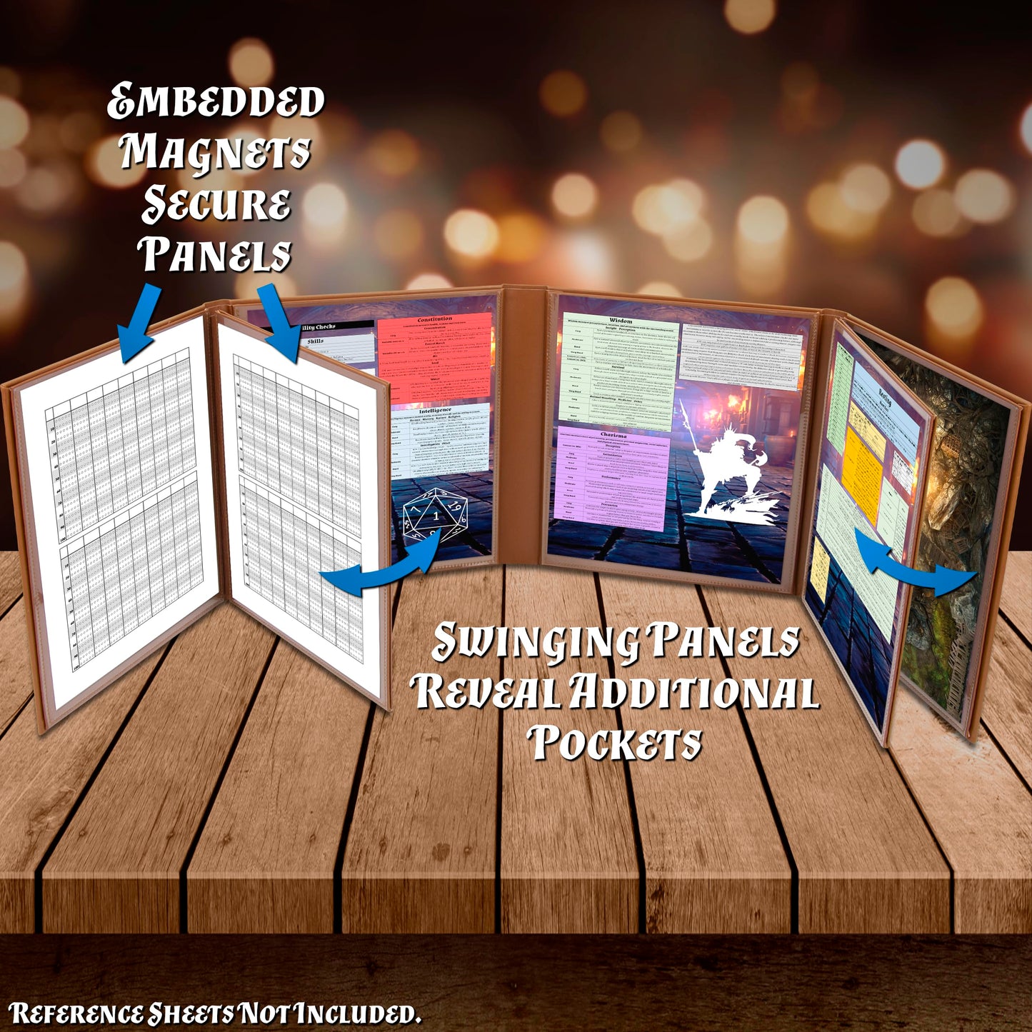 CASEMATIX DM Screen Faux Leather 8-Panel Deluxe GM Screen - Eight Panel Folding Dungeon Master Screen with 2 Swinging Panels and Wet Erase Pockets for TTRPGs, Inserts Not Included