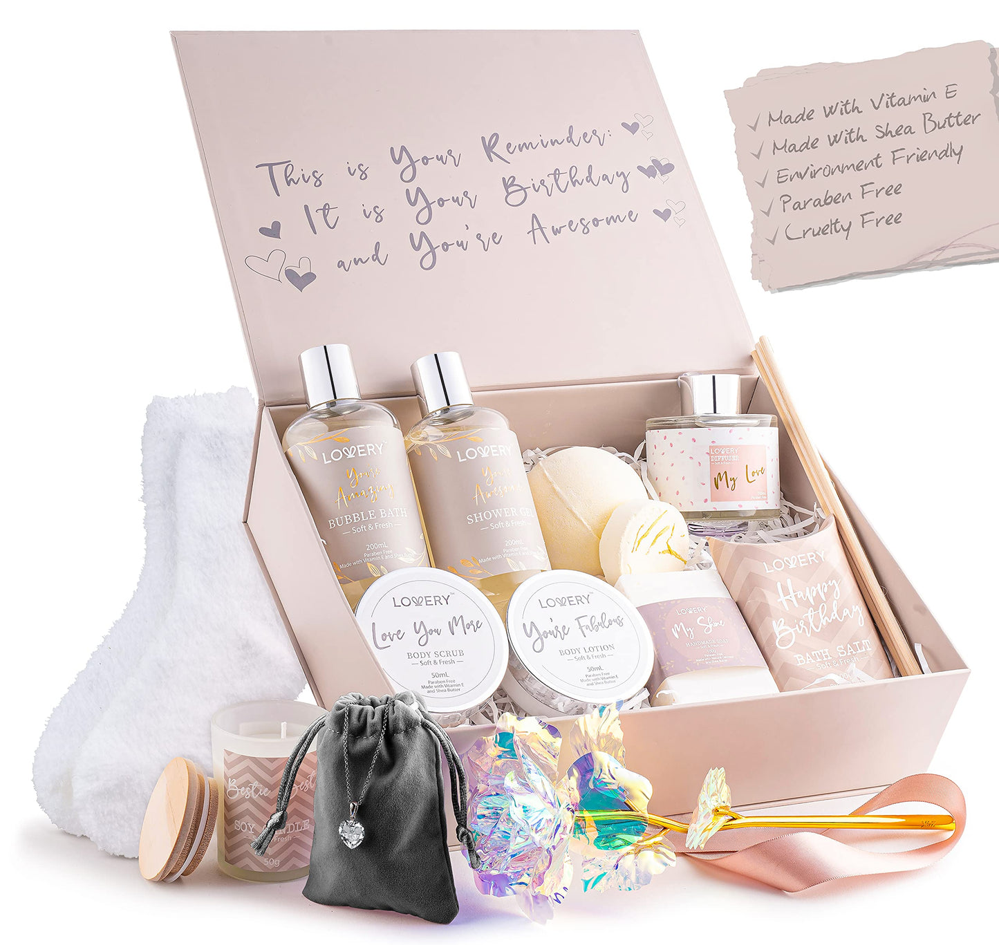 Birthday Gift Basket - Bath and Spa Gift Set for Women - Luxury Birthday Spa Gift Box with Vit E- Rich Bath Essentials, Diffuser, Candle, Sterling Silver CZ Heart Necklace, 24k Flower Rose Gift & More