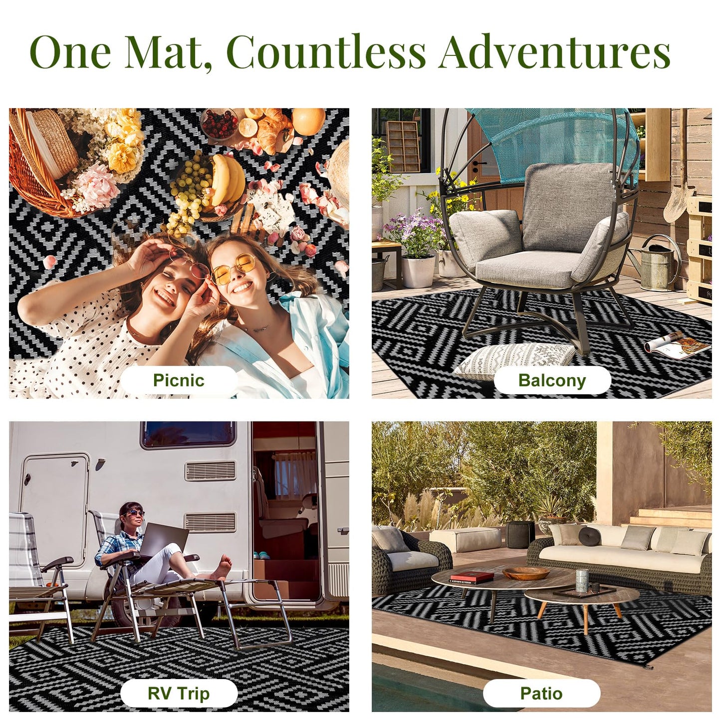 OPPODREAM Outdoor Rug 6x9 Ft, Waterproof Outdoor Plastic Straw Rug for Patio, Reversible Out Door Carpet for Camping, Deck, Rv, 6 x 9 Area Carpet Balcony, Porch, Backyard, Black and Grey