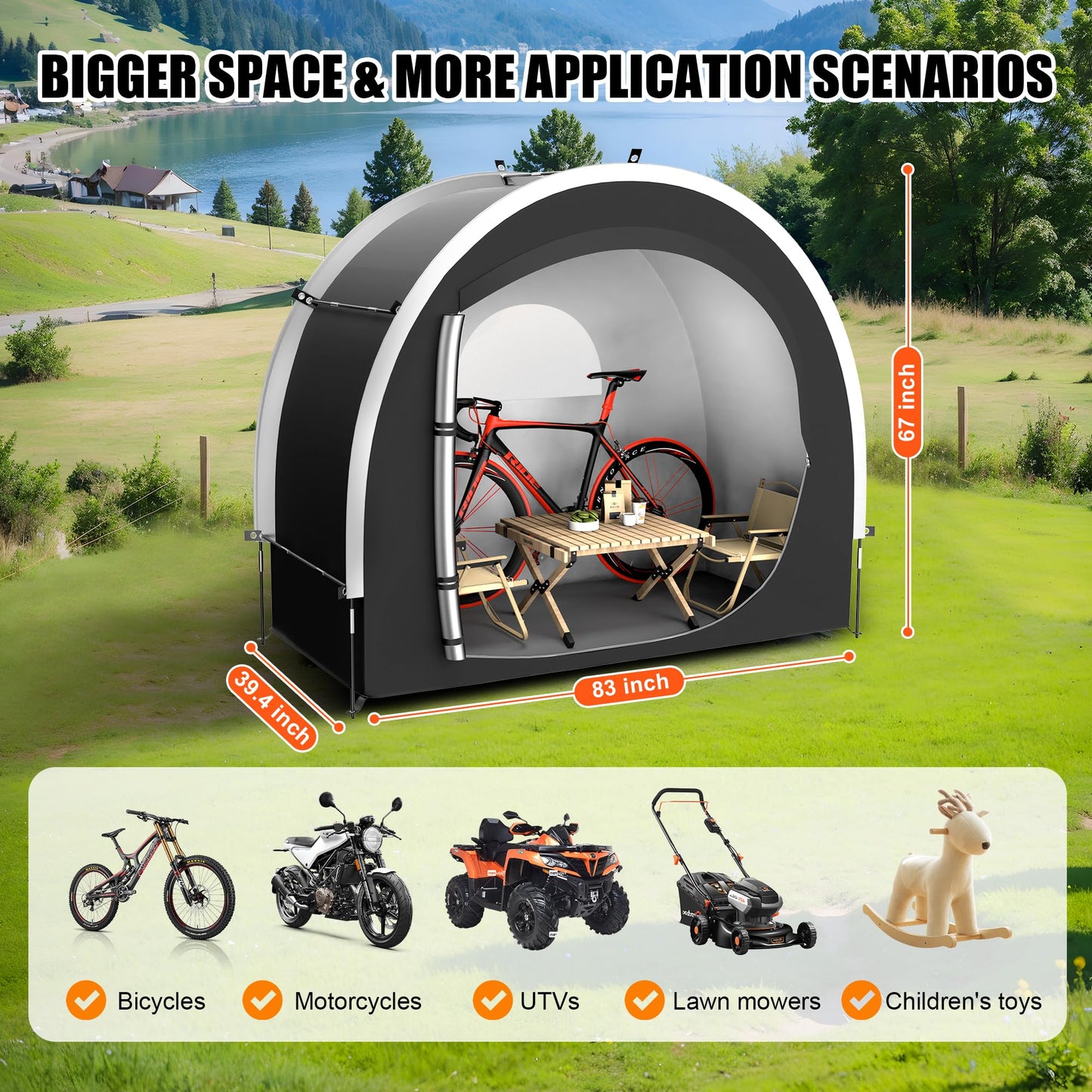 cepkquis 39.4" Larger Storage Shed Tent for Bikes,Motorcycle,ebike,eScooter,Lawn Mower Outdoor Protection with Waterproof, Dustproof, Windproof and Sunproof