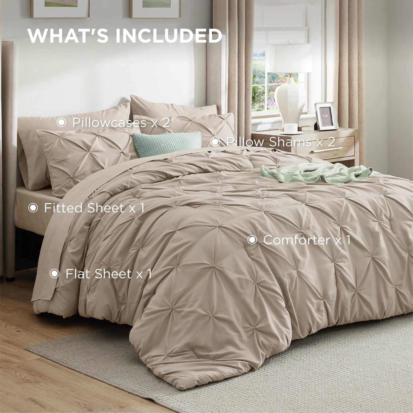 Bedsure Queen Comforter Set Beige - 7 Pieces Bed in a Bag Queen Size, GentleSoft™ Pintuck Bed Set Gift for Family, Pinch Pleat All Season Comforter with Sheets, Pillowcases & Shams
