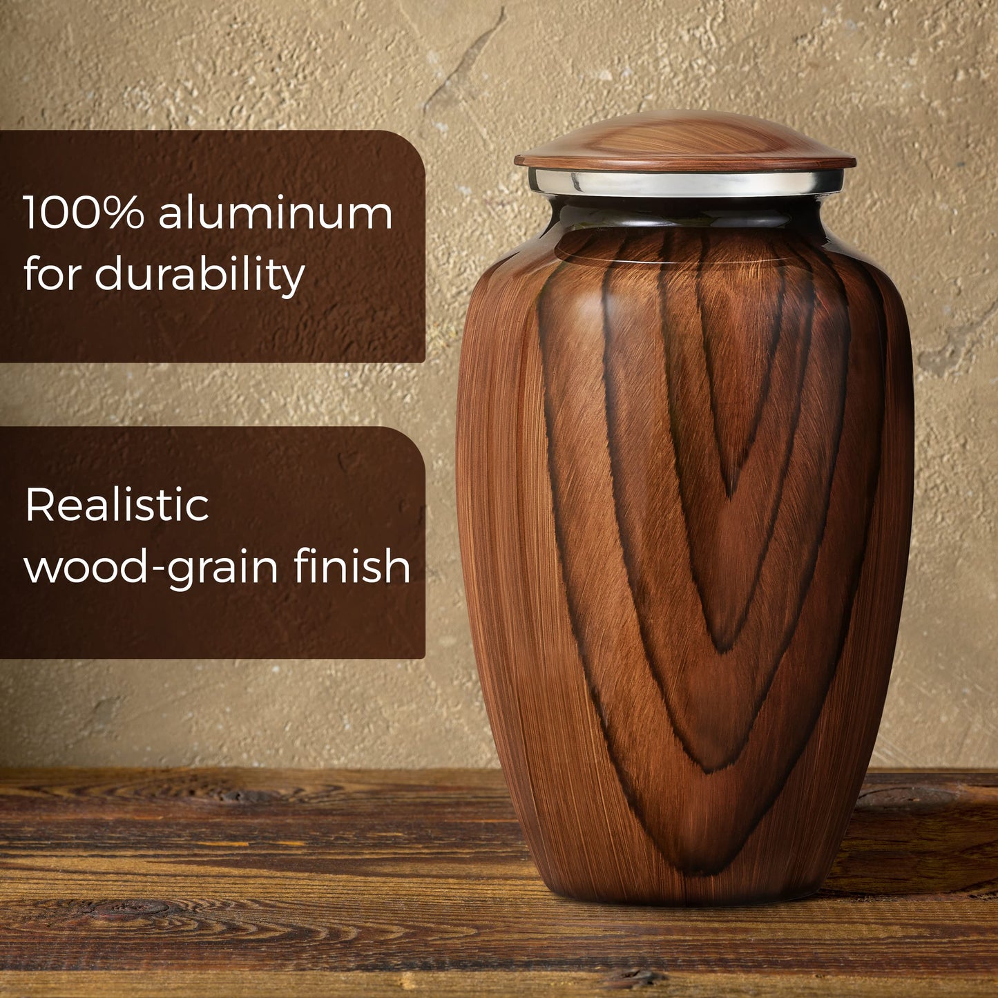 Aubree Woodgrain Aluminum Urns for Adult Male. Cremation urns for Human Ashes Adult Female. Decorative Wood urns for Human Ashes by Restaall