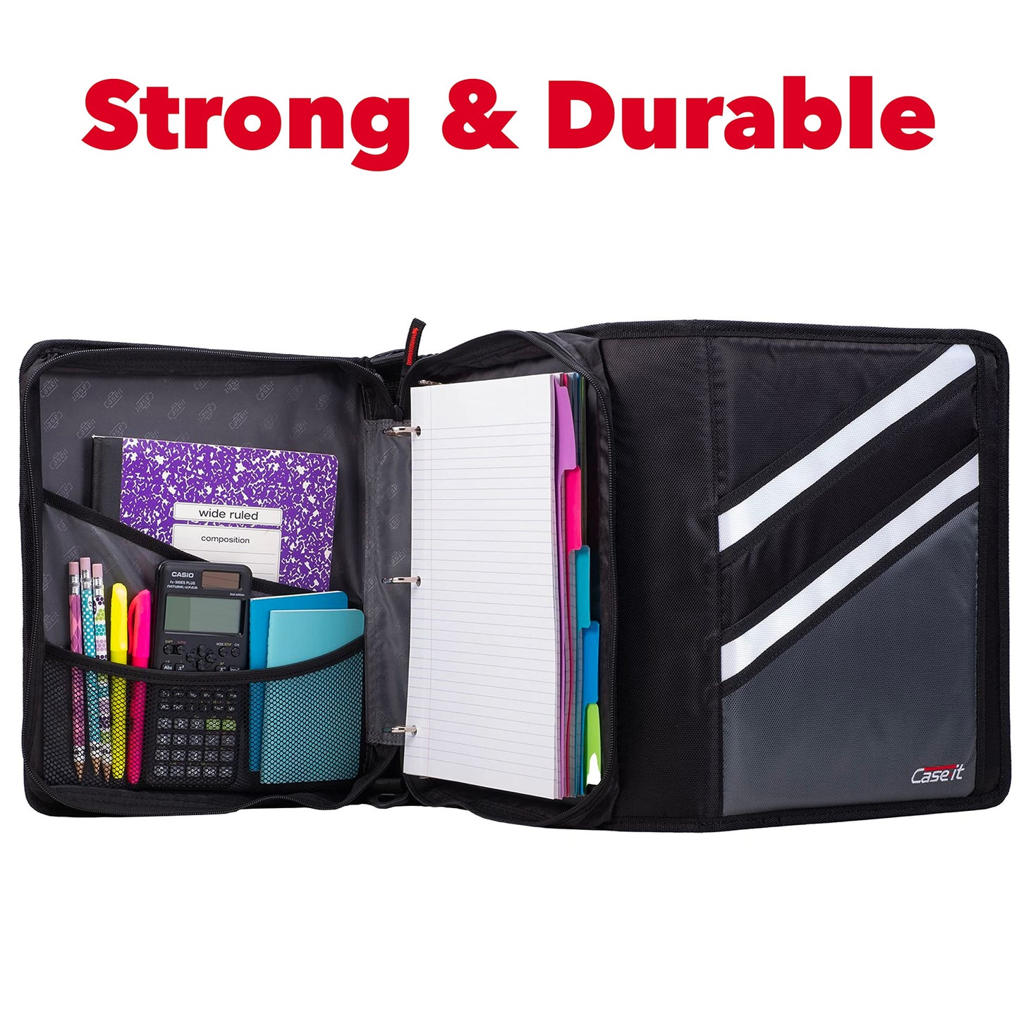 Case it The Z Shape Zipper Binder - Two Binders in One - Double Sided 1.5 Inch D-Ring - Multiple Pockets - 500 Page Capacity - Comes with Shoulder Strap, Jet Black Z-176 (Z-176-JBK)