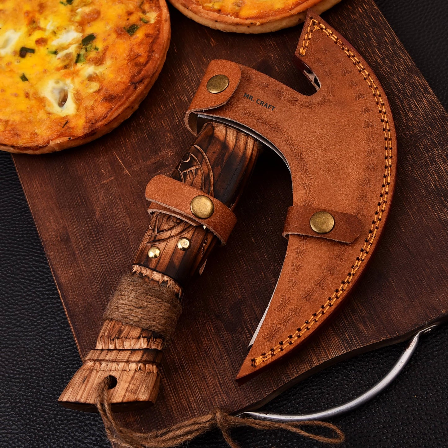 MR. CRAFT Pizza Cutter Axe Rocker by - Carbon Steel Slicer Chef Pizza Cutter Viking Axe with Leather Cover - Premium Pizza Oven Accessories Ulu Rocking Pizza Gift Gifts for Men (Engraved Ash Wood)