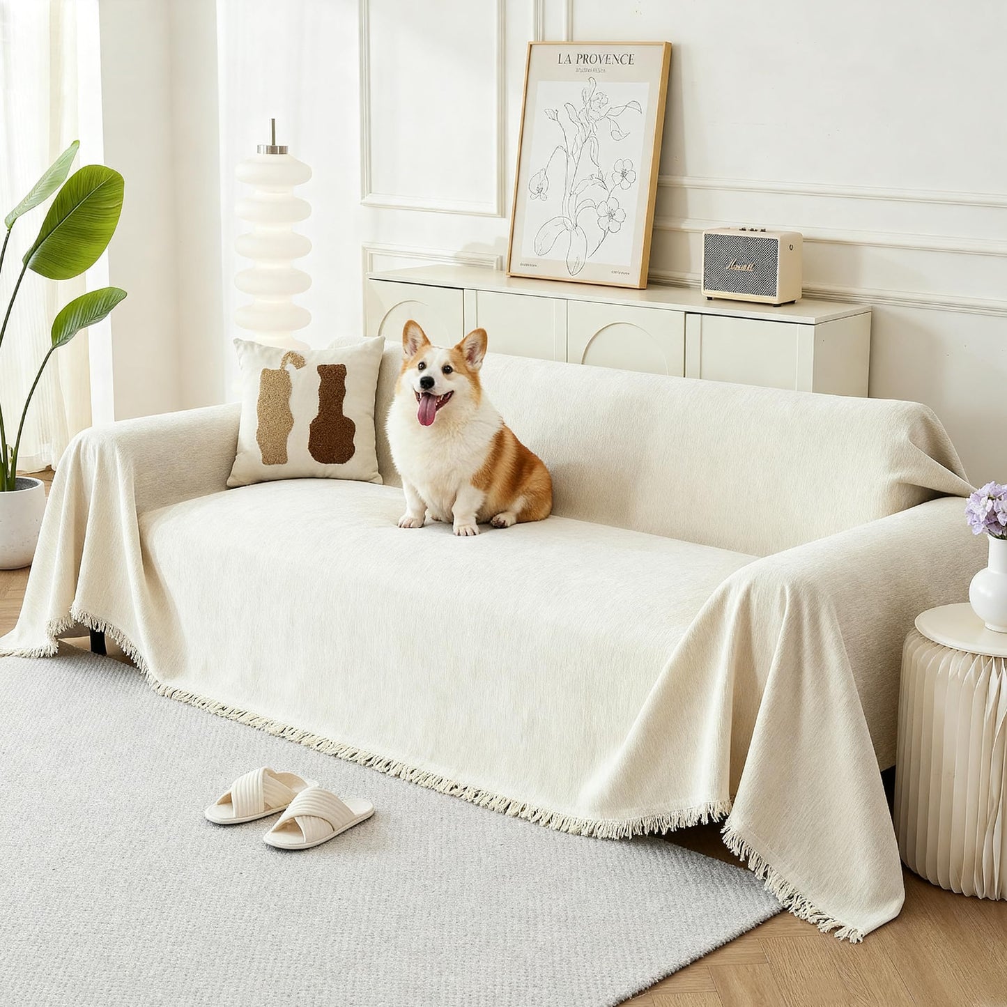 KaviKon Couch Cover for Dogs, Boho Sofa Covers for 3 Cushion Couch, Chenille Sofa Slipcover for Pets Washable, L-Shape Sectional Loveseat Cover Soft Throw Blankets with Tassels(91x134,Cream)