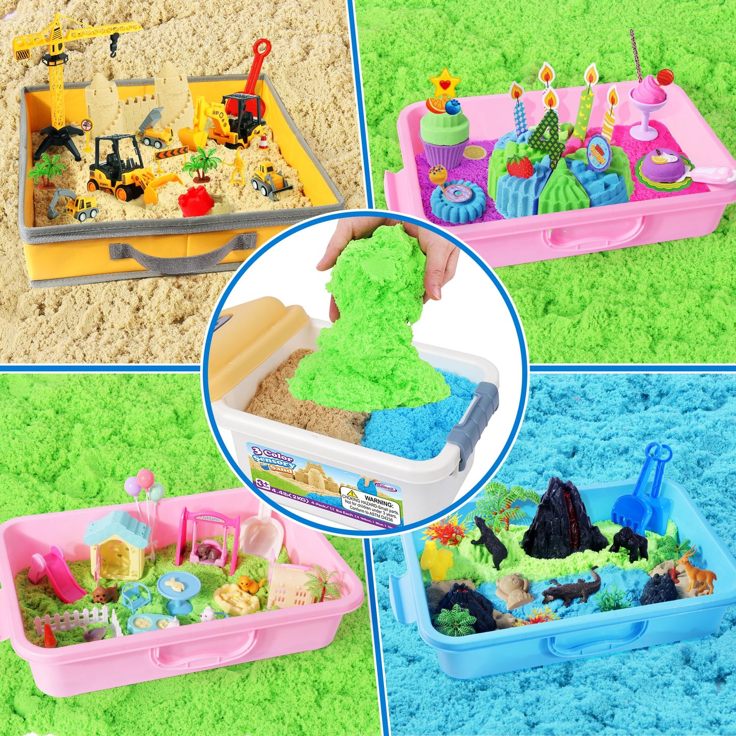 Billeeit 4.4 lbs Play Sand w/Storage Sandbox, 4-Pack(2 Yellow, 1 Blue, 1 Green), Sensory Bin Refill Sand for Shaping, Molding, Pressing, Scooping, Rolling, Self-Sticking Sand Sensory Toy for Kids 3+