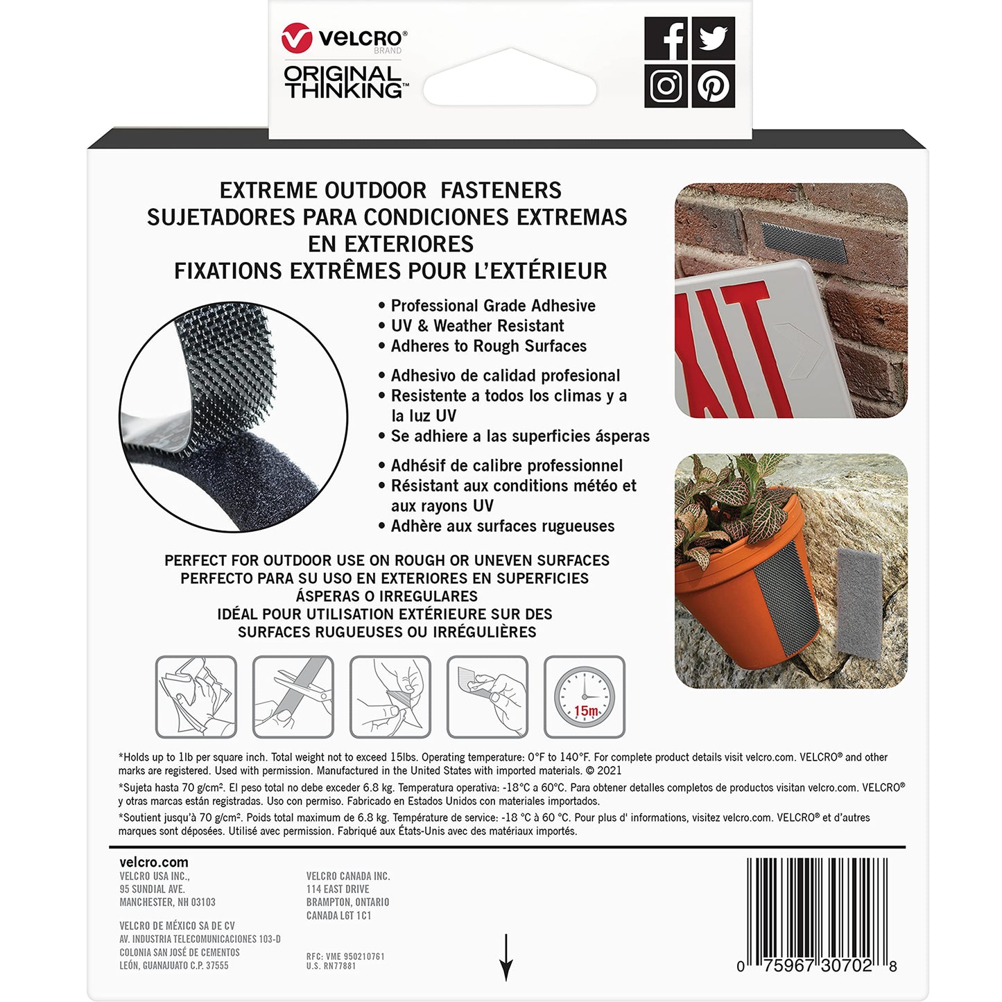 VELCRO Brand Extreme Outdoor Mounting Tape | 20Ft x 1 in, Holds 15 lbs | Strong Heavy Duty Stick on Adhesive | Mount on Brick, Concrete for Hanging, 30702, Black (VEL-30702-AMS)