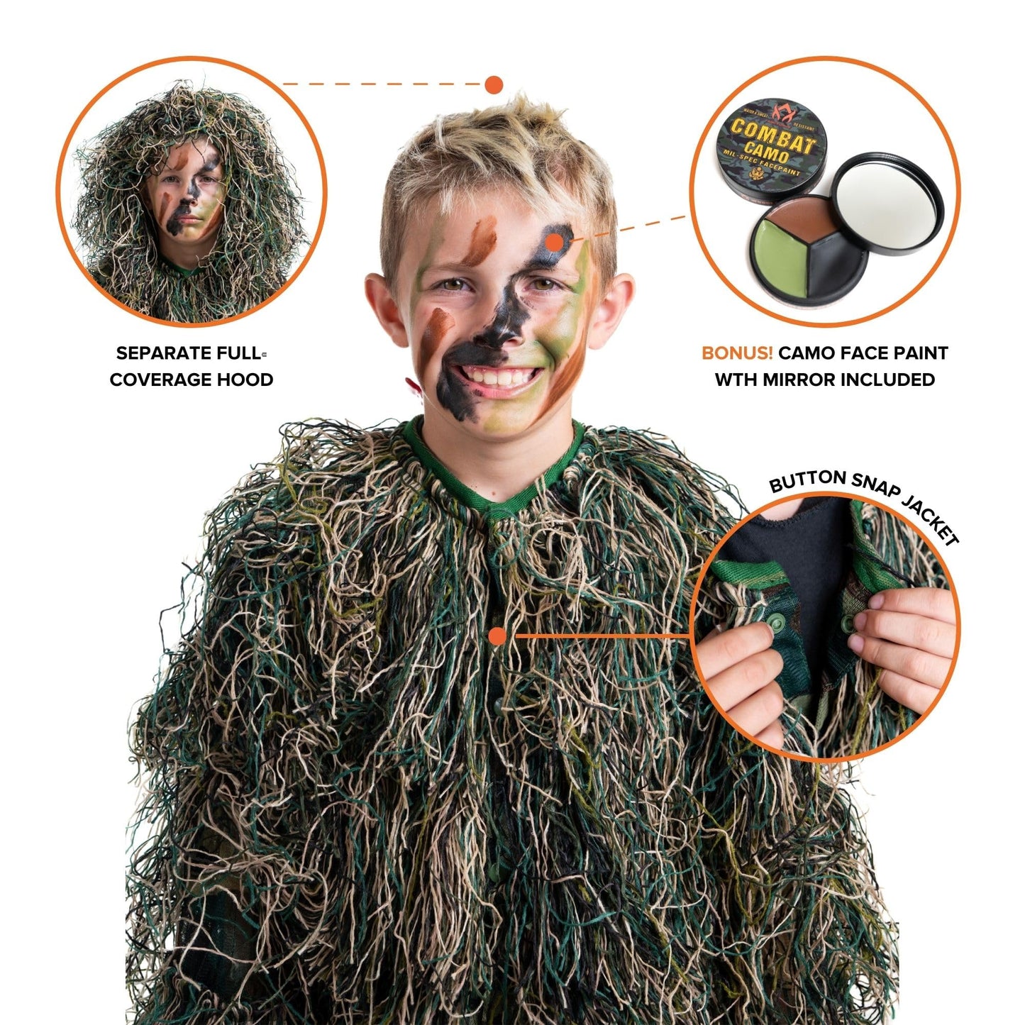 Arcturus Ultra-Lite Kids Ghillie Suit | Includes Bonus 3-Color Face Paint | Army | Sniper | Bush Halloween Costume