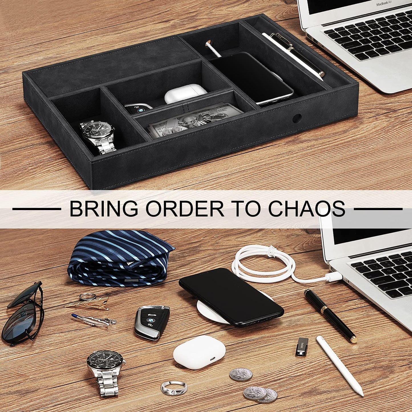 SITHON Desk Organizer - Eight Compartments Universal PU Leather Tray Cosmetic Tray Coin Key Box Jewelry Organizer Black