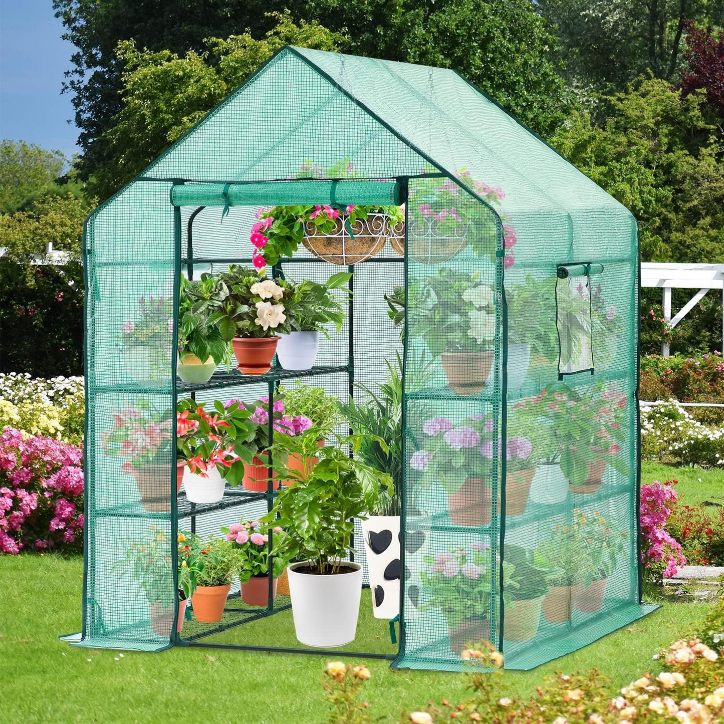 57.5" x 57" x 76" Greenhouse for Outdoors with Observation Windows, Ohuhu Large Walk-in Plant Greenhouse, 3 Tiers 12 Shelves Stands Green House with Ground Pegs & Ropes for Stability, 4.8x4.8x6.3 FT