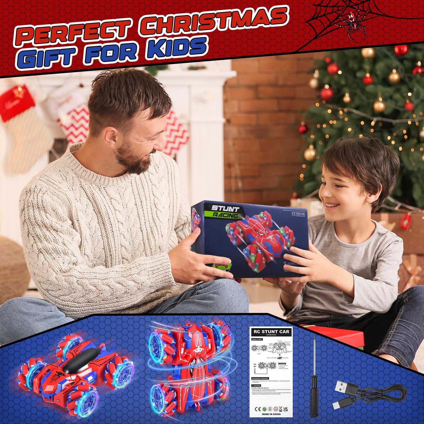 Kssvzz Spider Remote Control Cars for Kids, RC Stunt Car with Light Strip, 2.4 Ghz RC Cars, Boys Toys Age 4 5 6 7 8 9 10 Year Old, Car Toy for Boys Age 4-6 5-7 8-12, Rechargeable Spider Toys