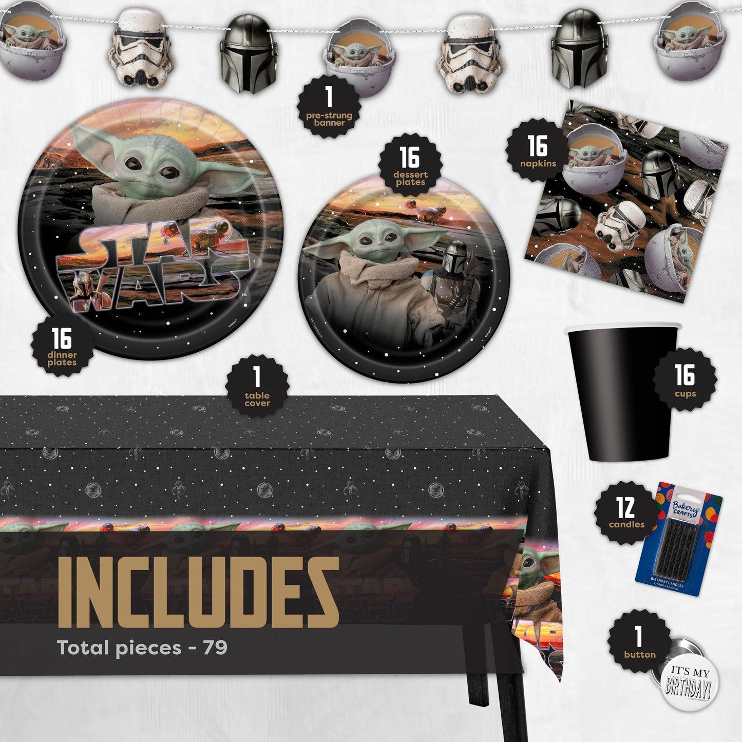 Baby Yoda Party Supplies and Decorations - Mandalorian Party Supplies for Birthday Child - Serves 16 - Banner Decoration, Table Cover, Plates and More