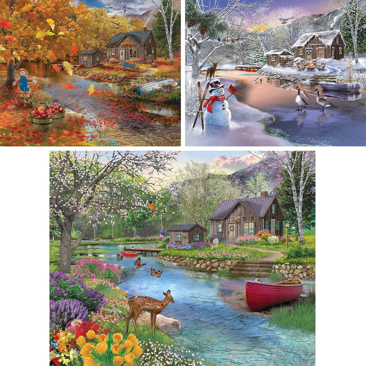 Bits and Pieces - Value Set of Three (3) 300 Piece Jigsaw Puzzles for Adults - Each Puzzle Measures 18" x 24" (46cm x 61cm) - 300 pc Autumn Winter Spring Cabin Jigsaws by Bigelow Illustrations