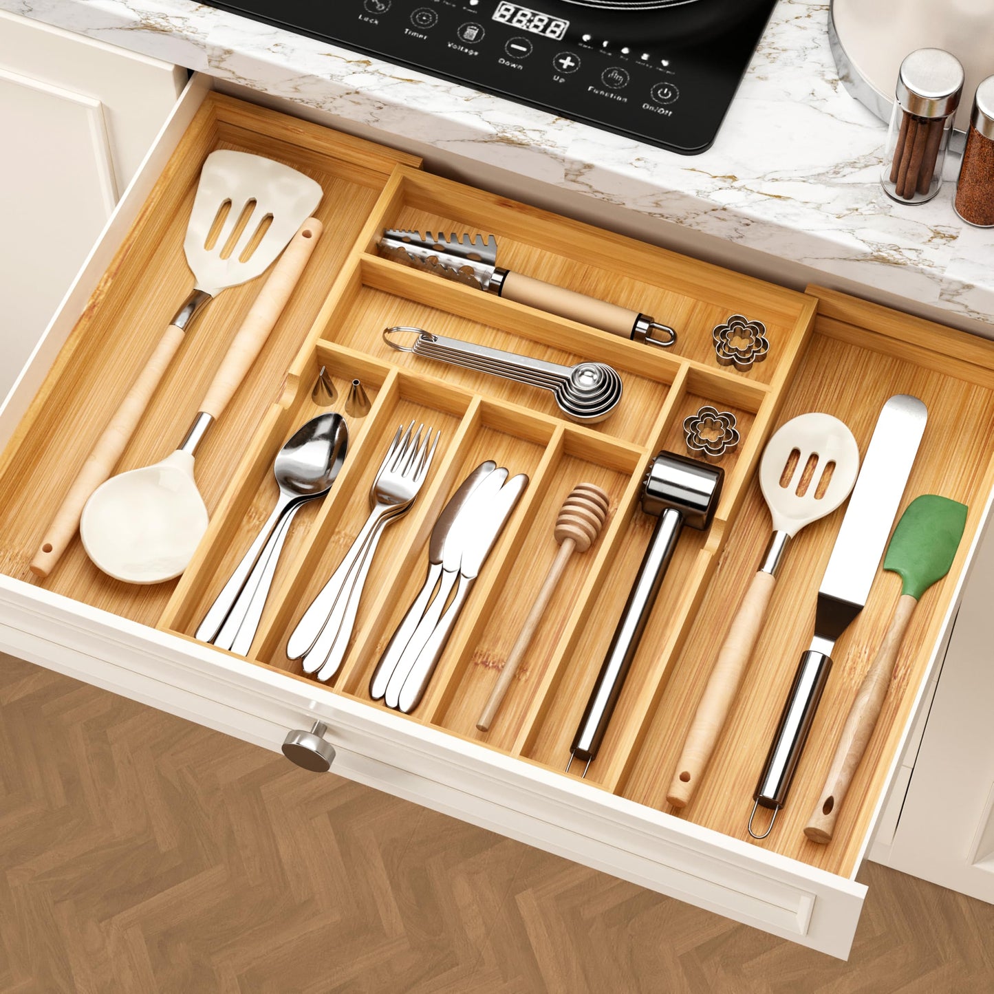 BAMEOS Utensil Drawer Organizer, Cutlery Tray Desk Drawer Organizer Silverware Holder Kitchen Knives Tray Drawer Organizer, 100% Pure Bamboo Expandable Adjustable Cutlery