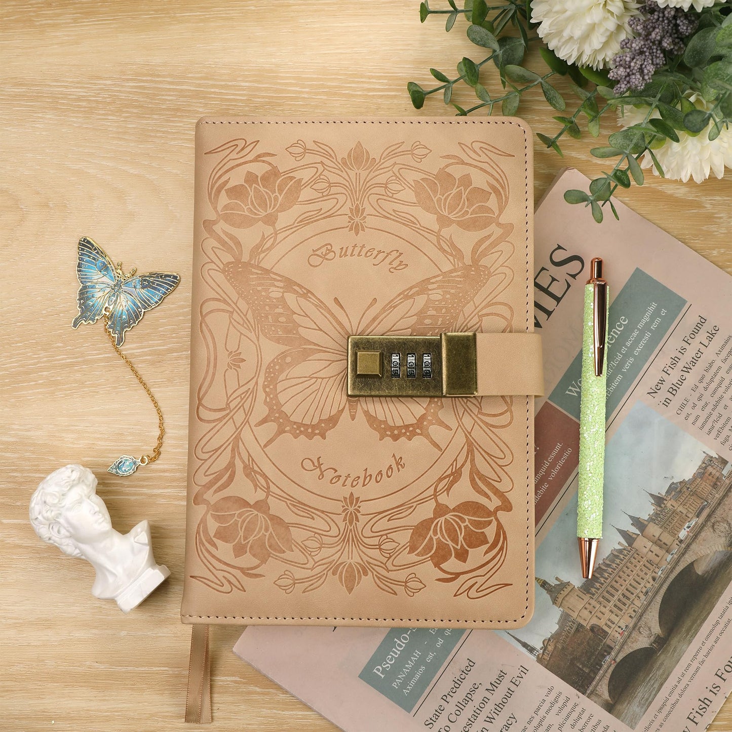 TIEFOSSI Diary with Lock for Women Girls, Lined Locked Journal, Butterfly Journal Notebook with Pen and Bookmark, A5 Refillable Locking Journals for Writing