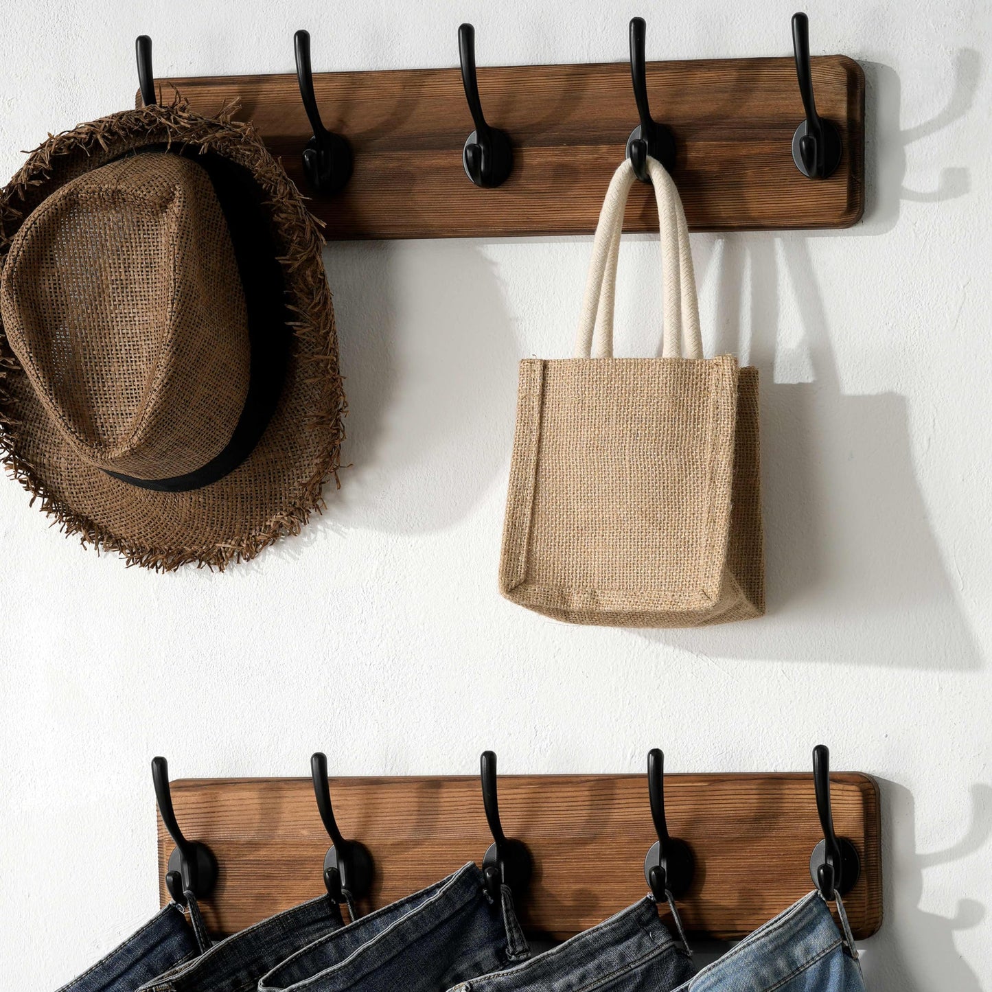 SKOLOO Rustic Large Wall Mounted Coat Rack, Case of 2, Pine Real Wood Plank Wall Coat Rack Hook, Farmhouse Coat Hanger Wall Mount for Hanging Backpack Jacket Coat Hat